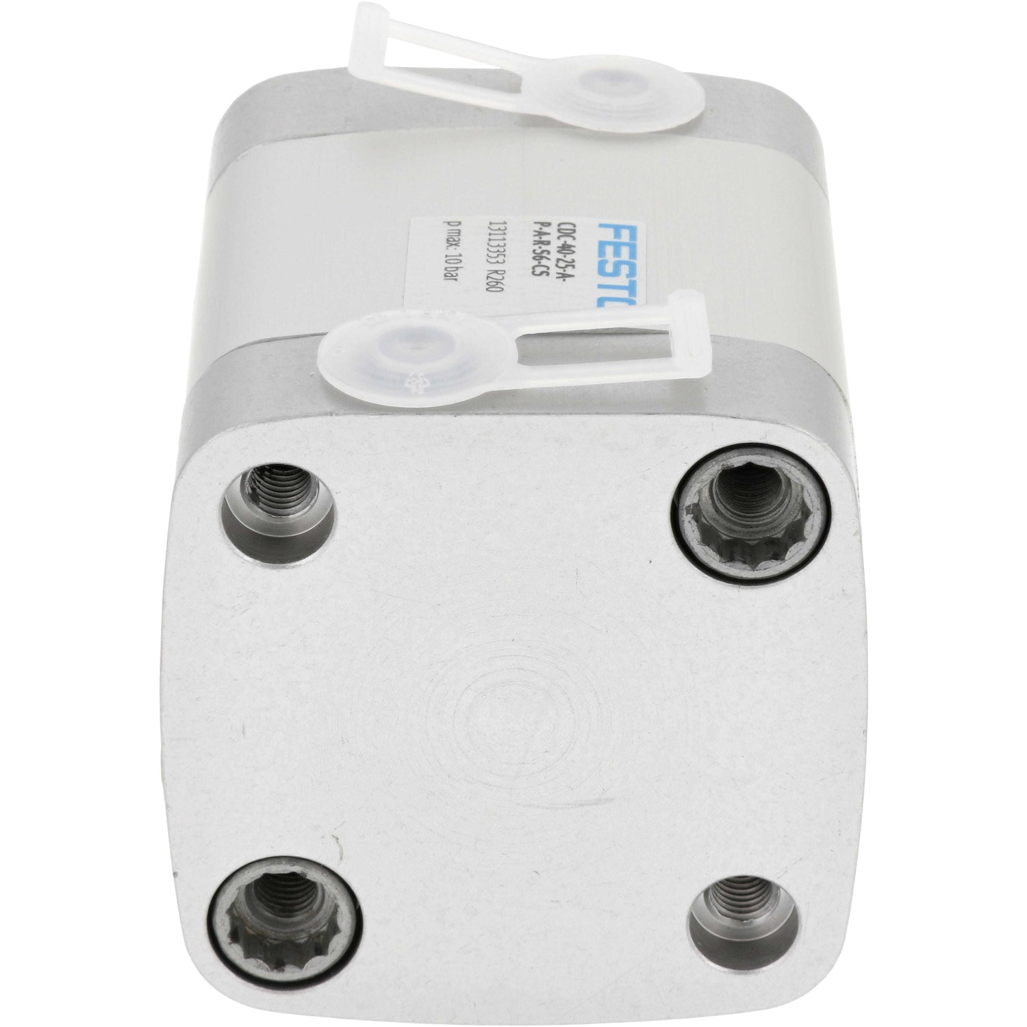 Compact cube shaped silver pneumatic cylinder shown on white background.