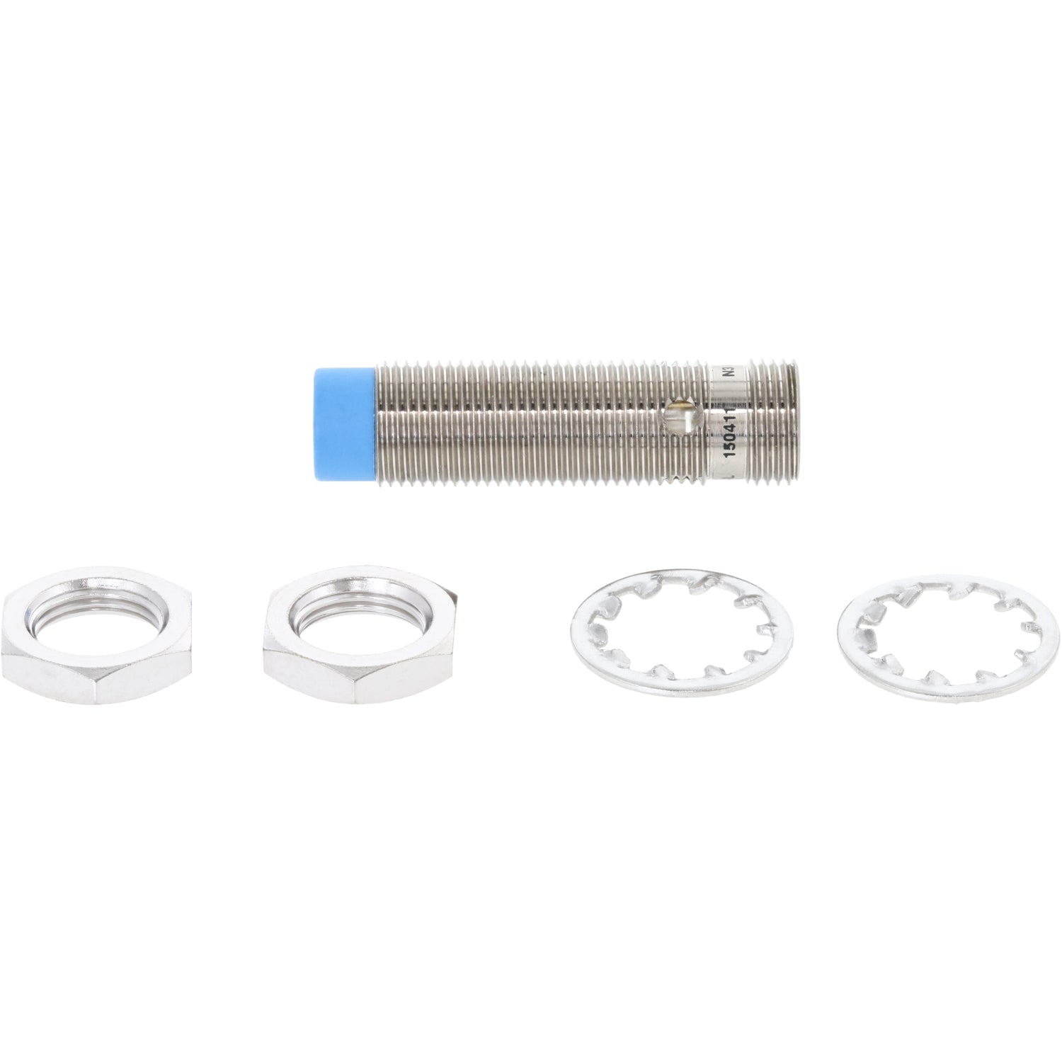 Blue tipped and threaded cylindrical proximity sensor with two hex nuts and star washers on white background.