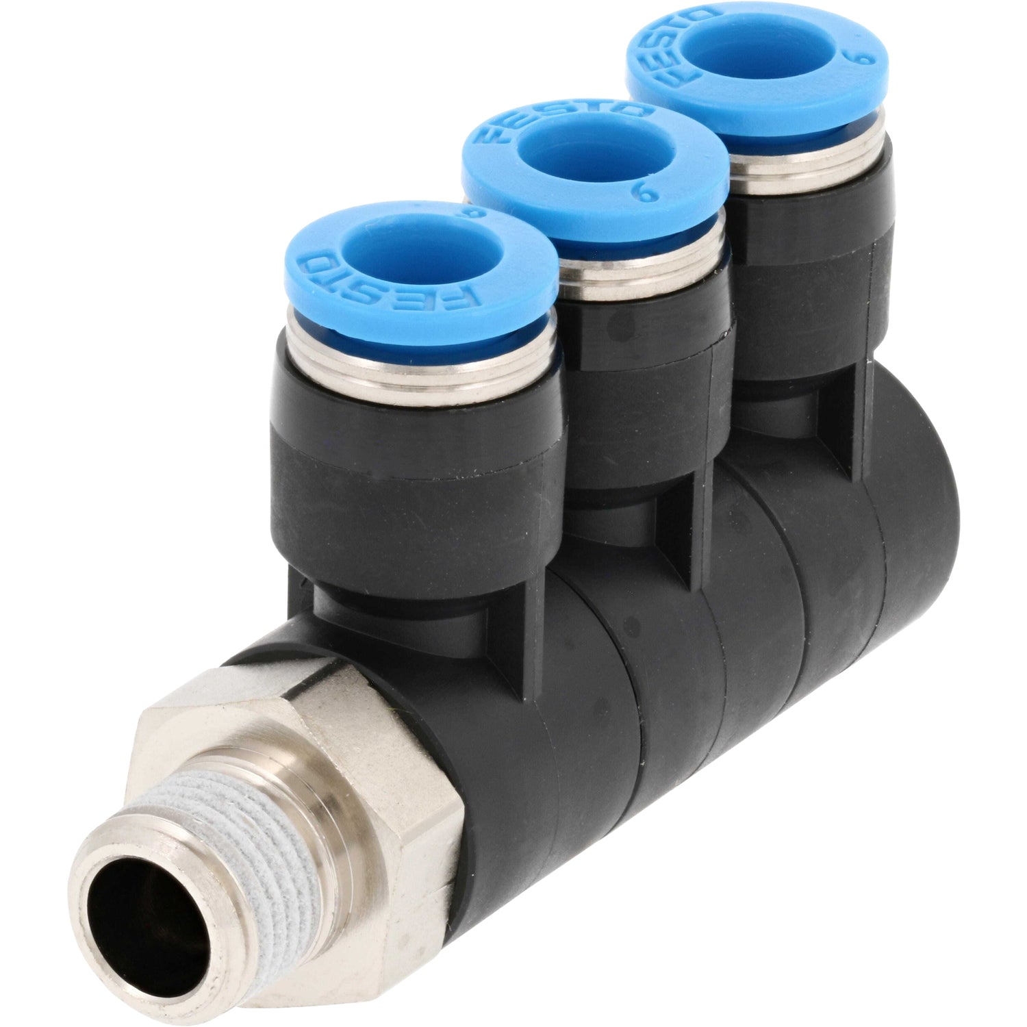Black plastic multi distributor with nickel plated threads and blue plastic push collars. Part shown on white background.