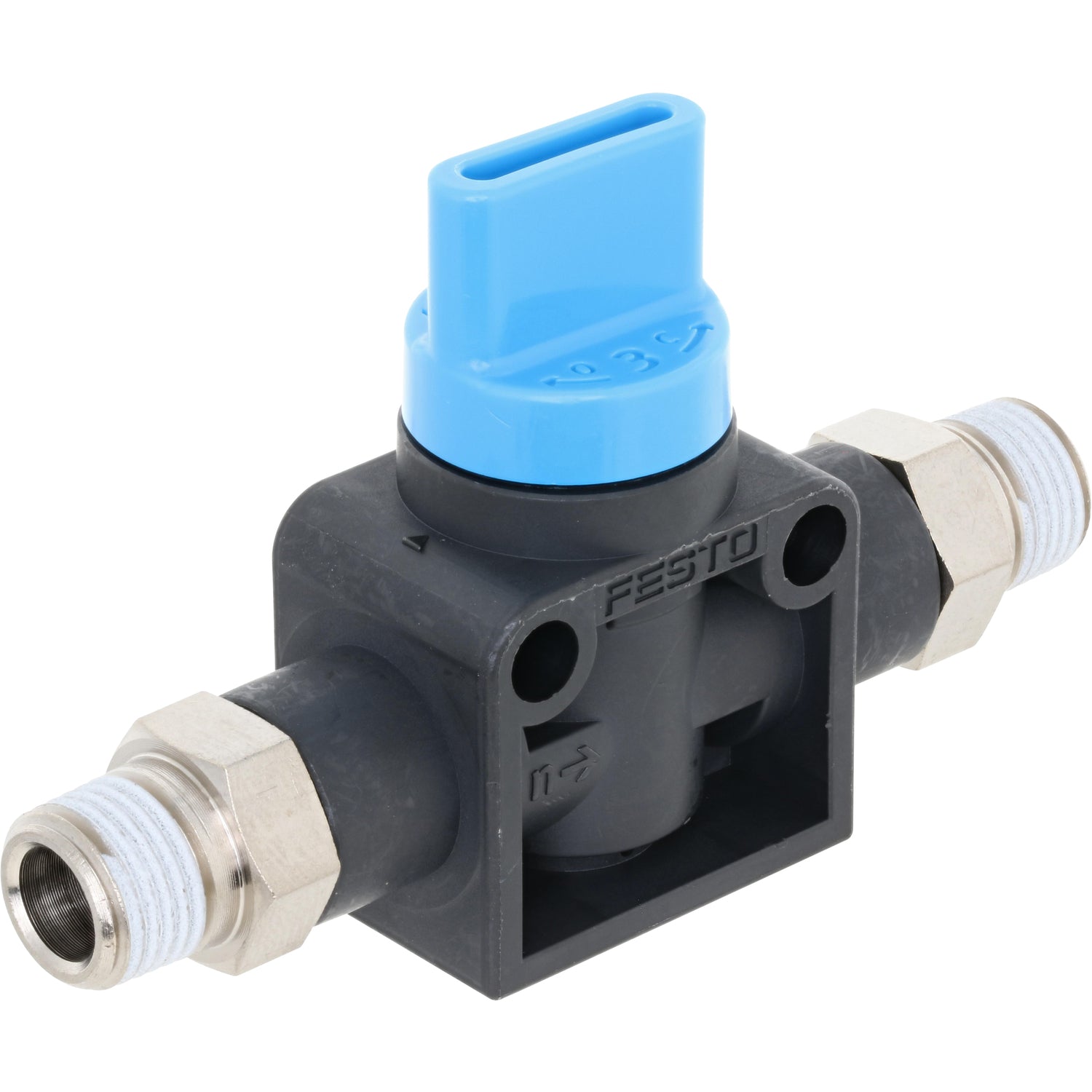 black plastic shut off valve with blue switch and threaded ends. Part shown on white background.