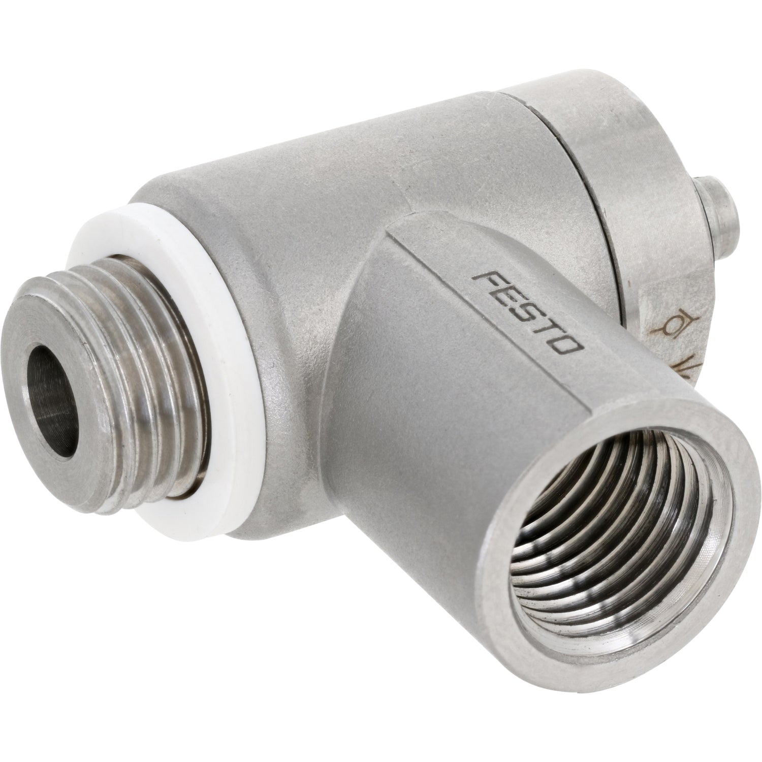 Stainless steel one-way flow control valve on white background.