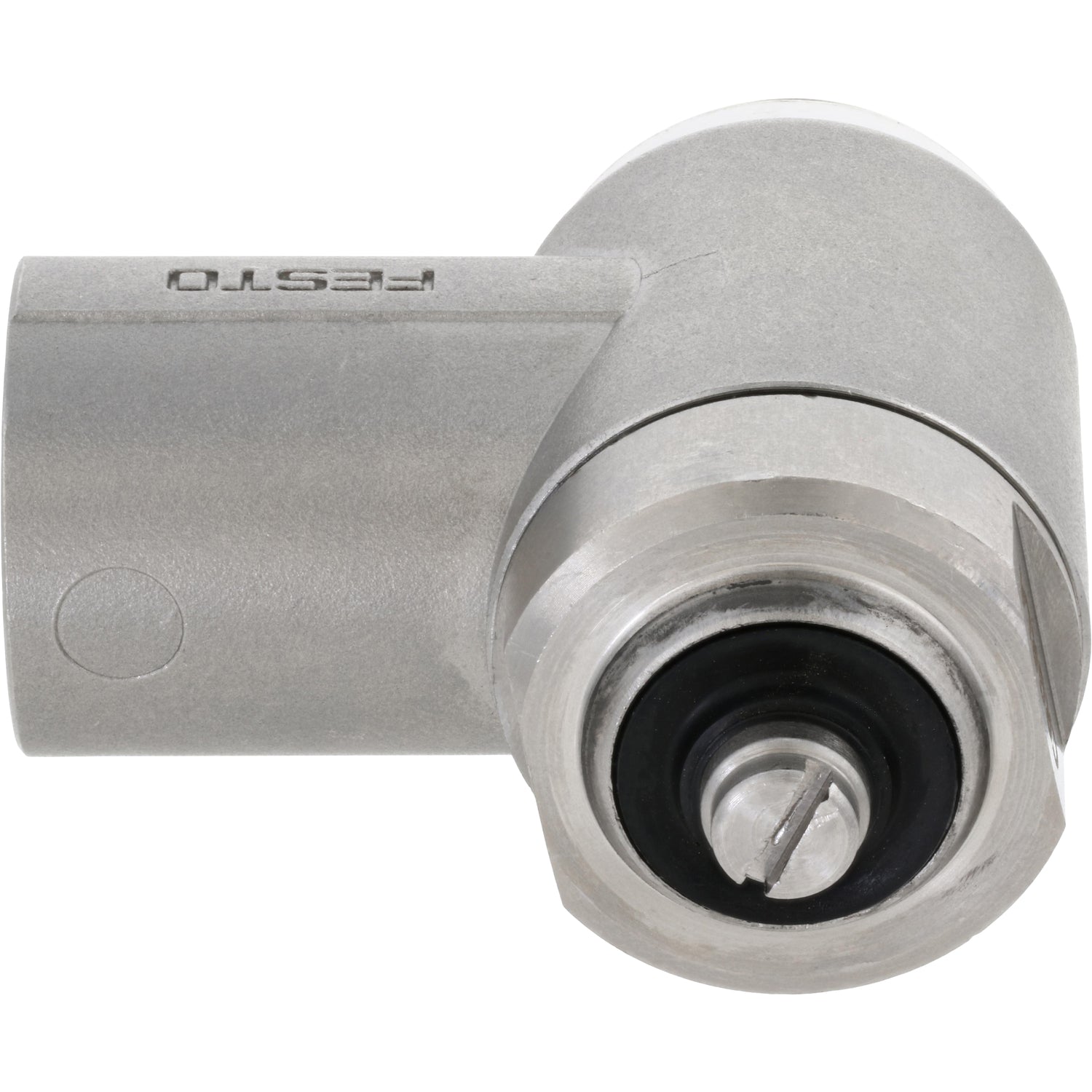 Stainless steel one-way flow control valve on white background.