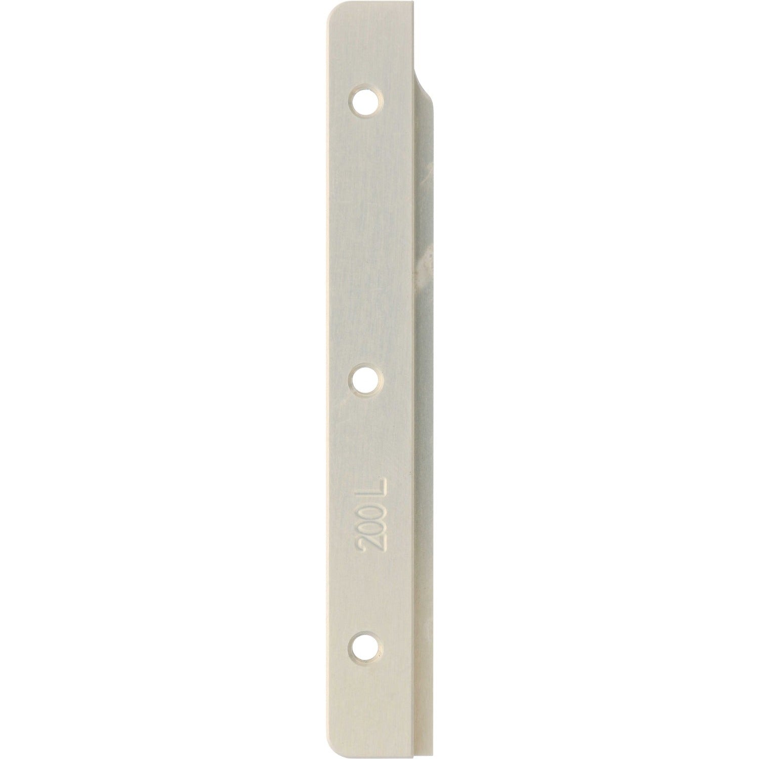 Machined blade like part made of hard anodized aluminum on white background. The part has three threaded holes and 200L machined onto it's surface.
