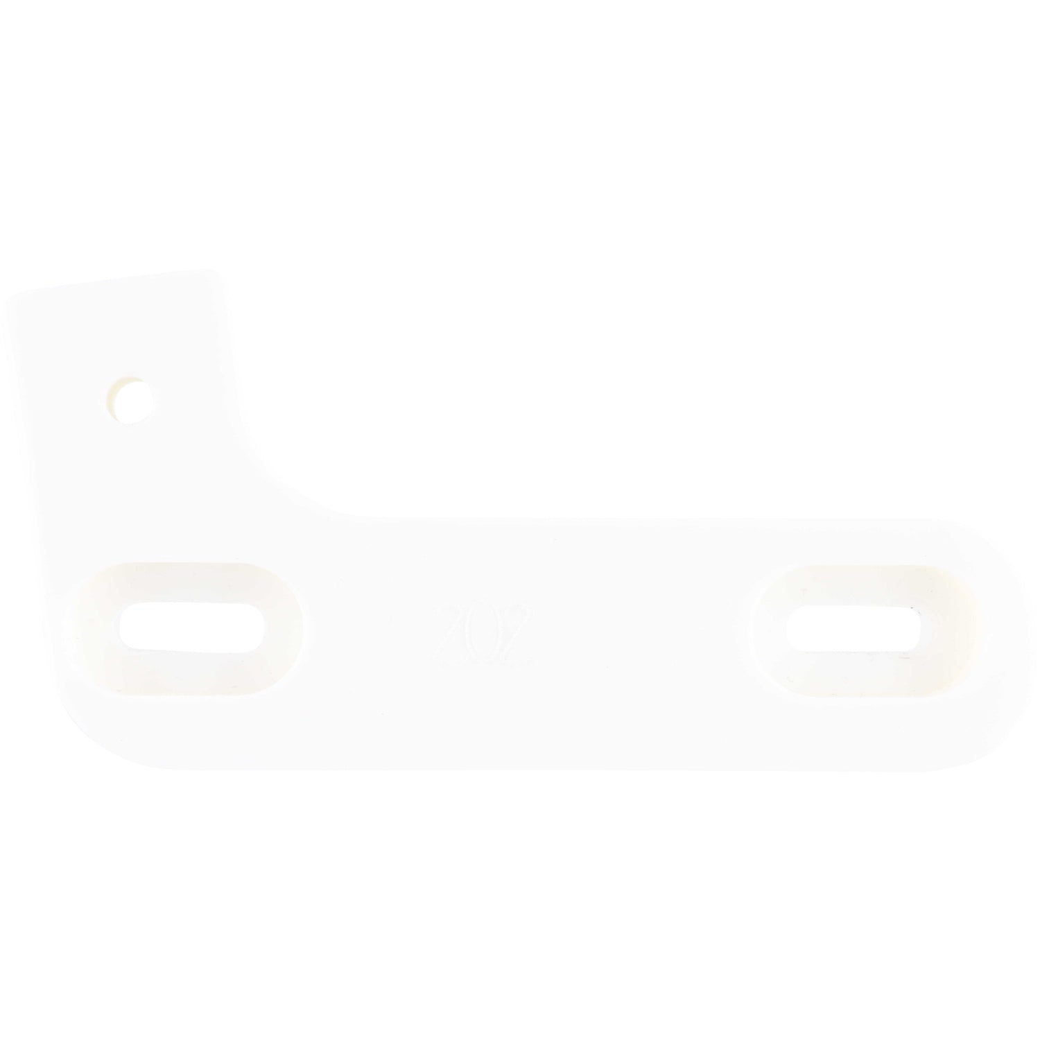Small 90 degree white plastic rail with two mounting holes. Part shown on white background.