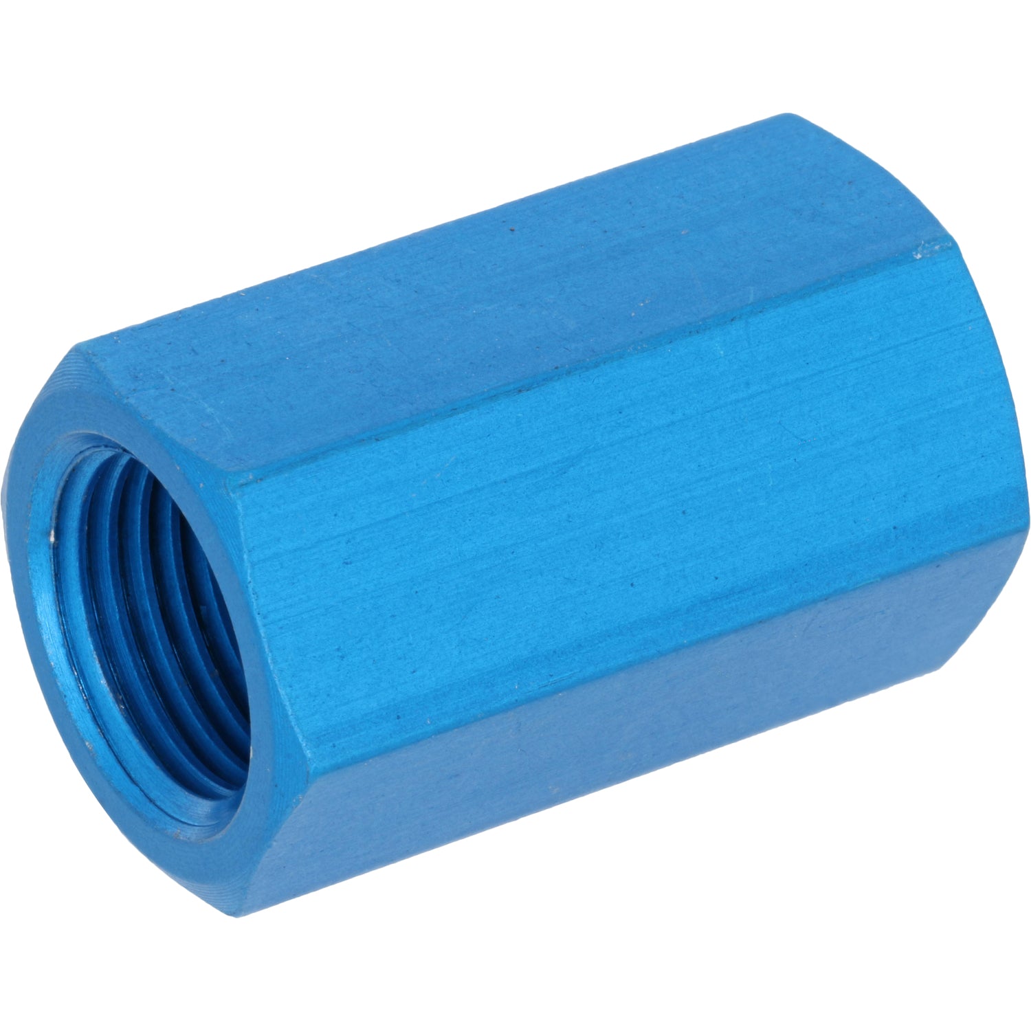 Blue anodized aluminum hexagonal sleeve with a threaded center hole. Shown on white background.