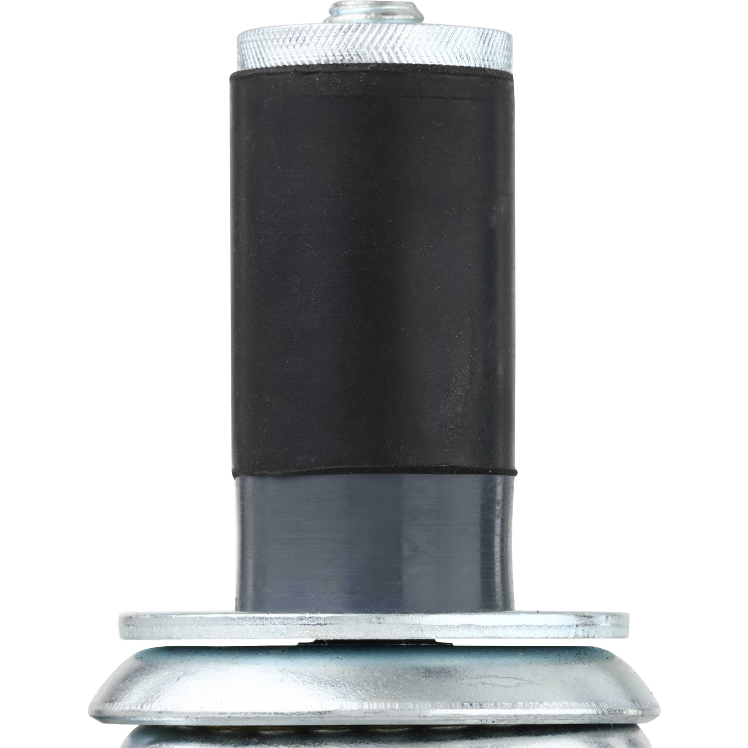 Black rubber tension mount section of caster with nickel plated knurled cap on top shown on white background.