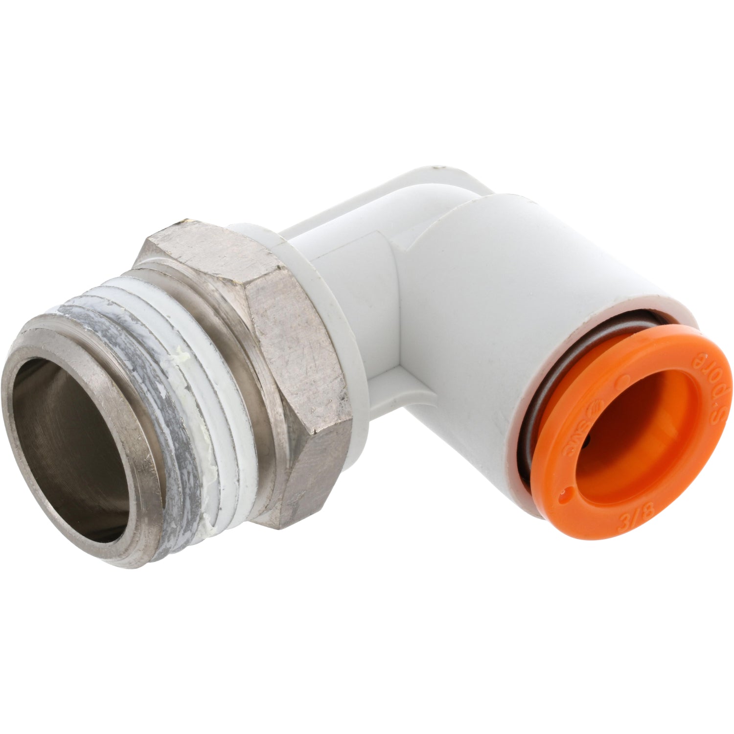 White plastic elbow fitting with brass threads and orange collar on white background.