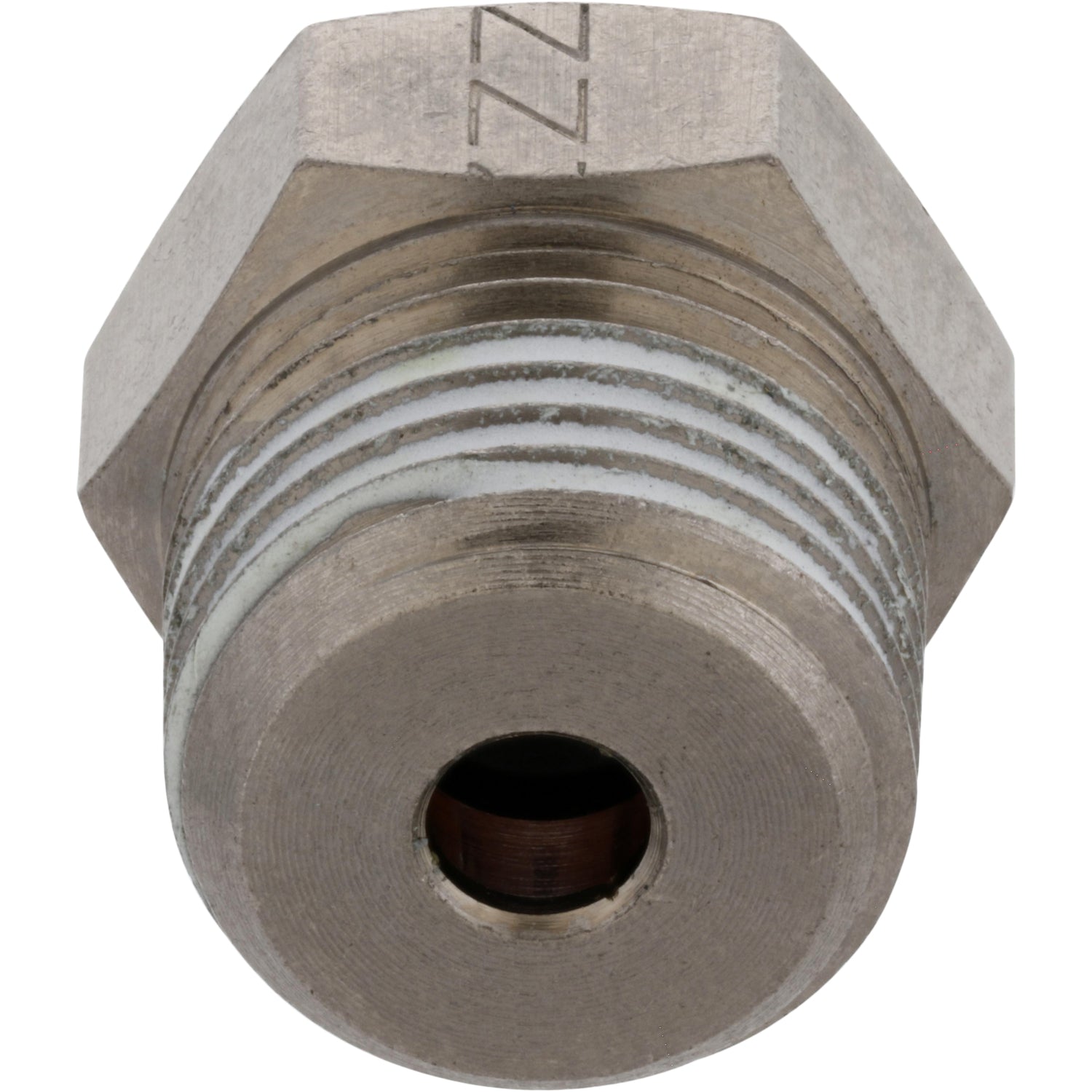 Brass threaded connector with orange plastic collar on white background.