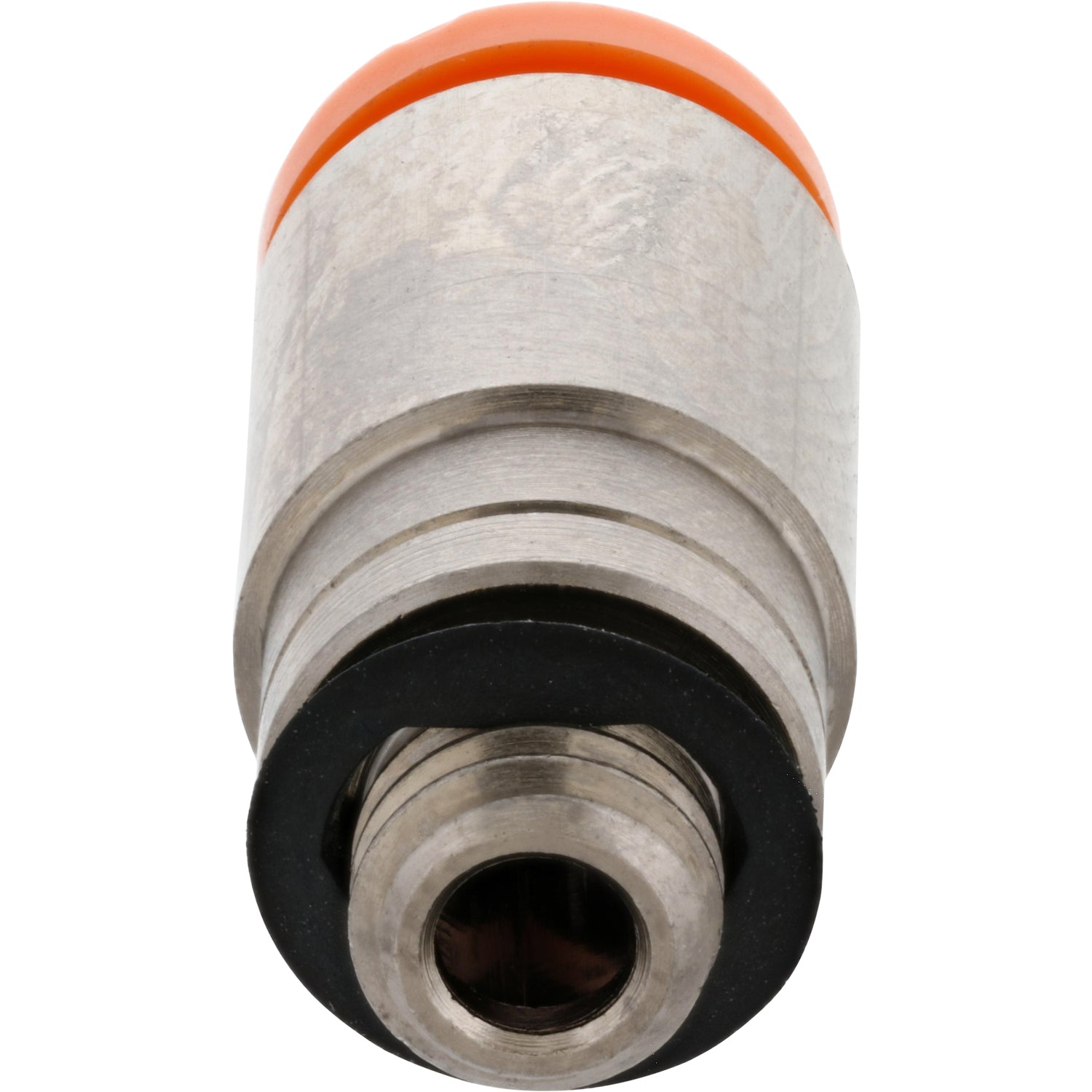 Straight brass connector with orange collar on white background.