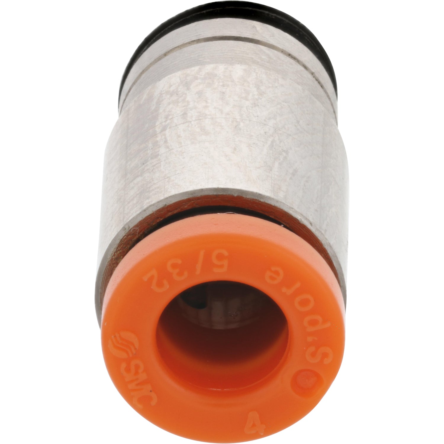 Straight brass connector with orange collar on white background.