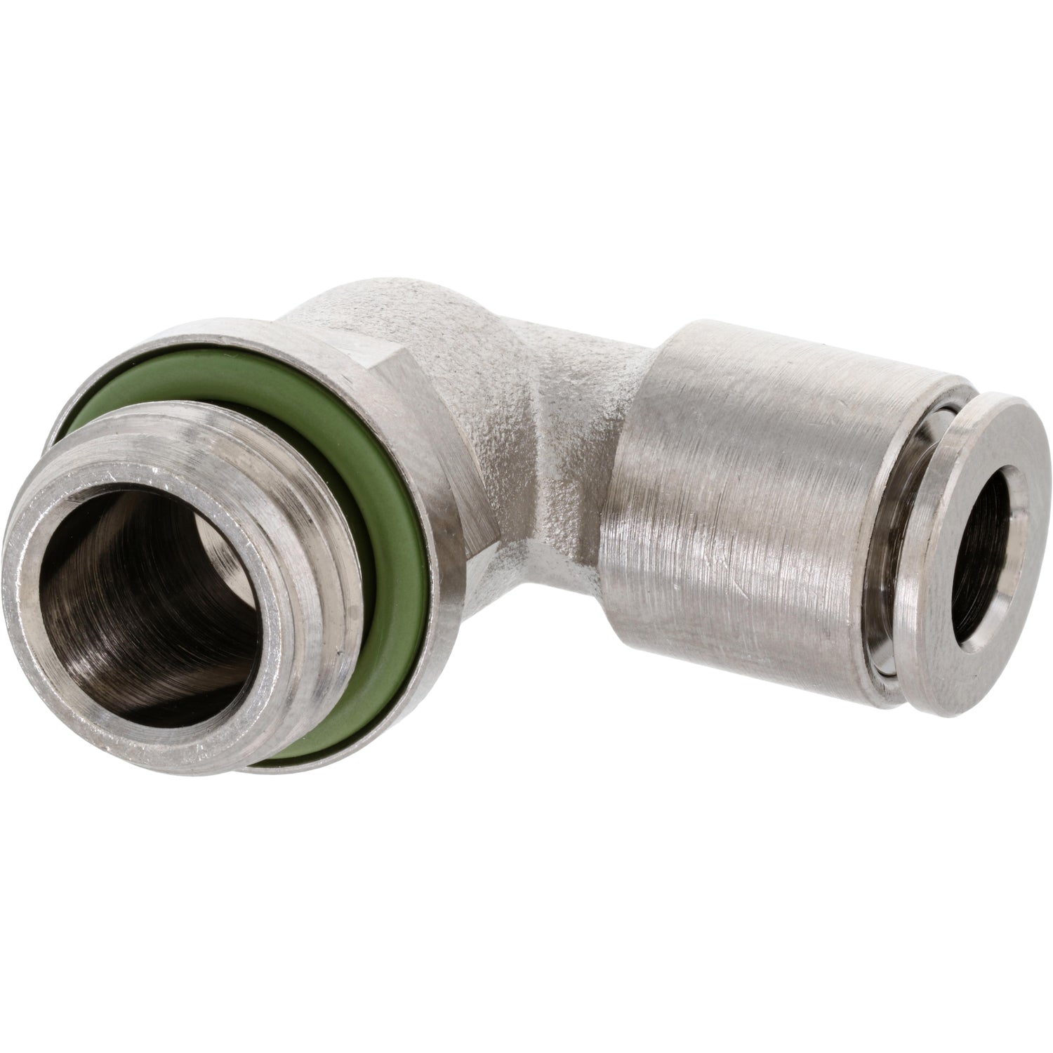 Nickel-platted push-in L-fitting with threaded and push connect ends and green rubber gasket. Part shown on white background.