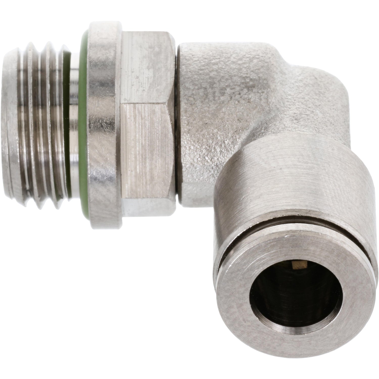 Nickel-platted push-in L-fitting with threaded and push connect ends and green rubber gasket. Part shown on white background.