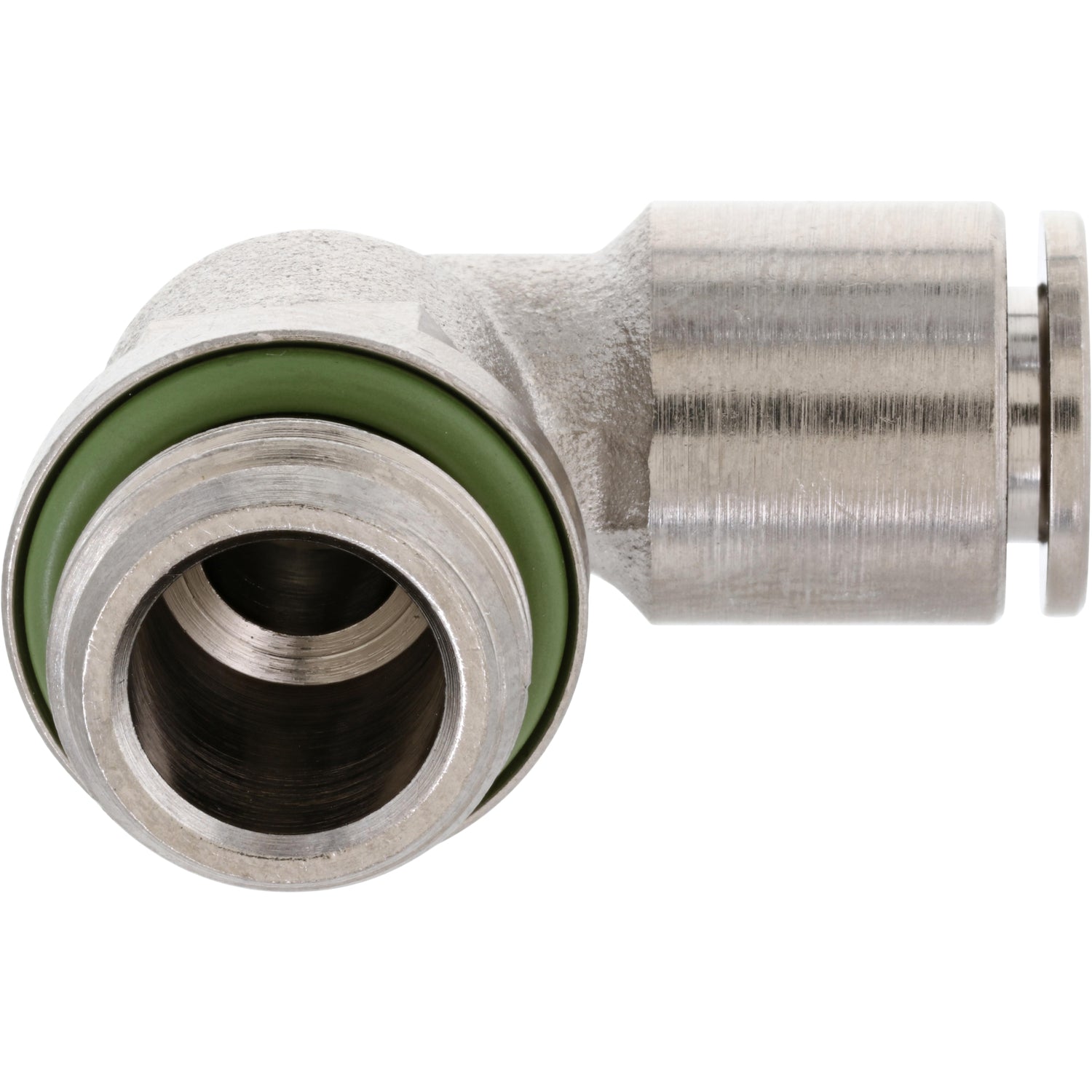 Nickel-platted push-in L-fitting with threaded and push connect ends and green rubber gasket. Part shown on white background.