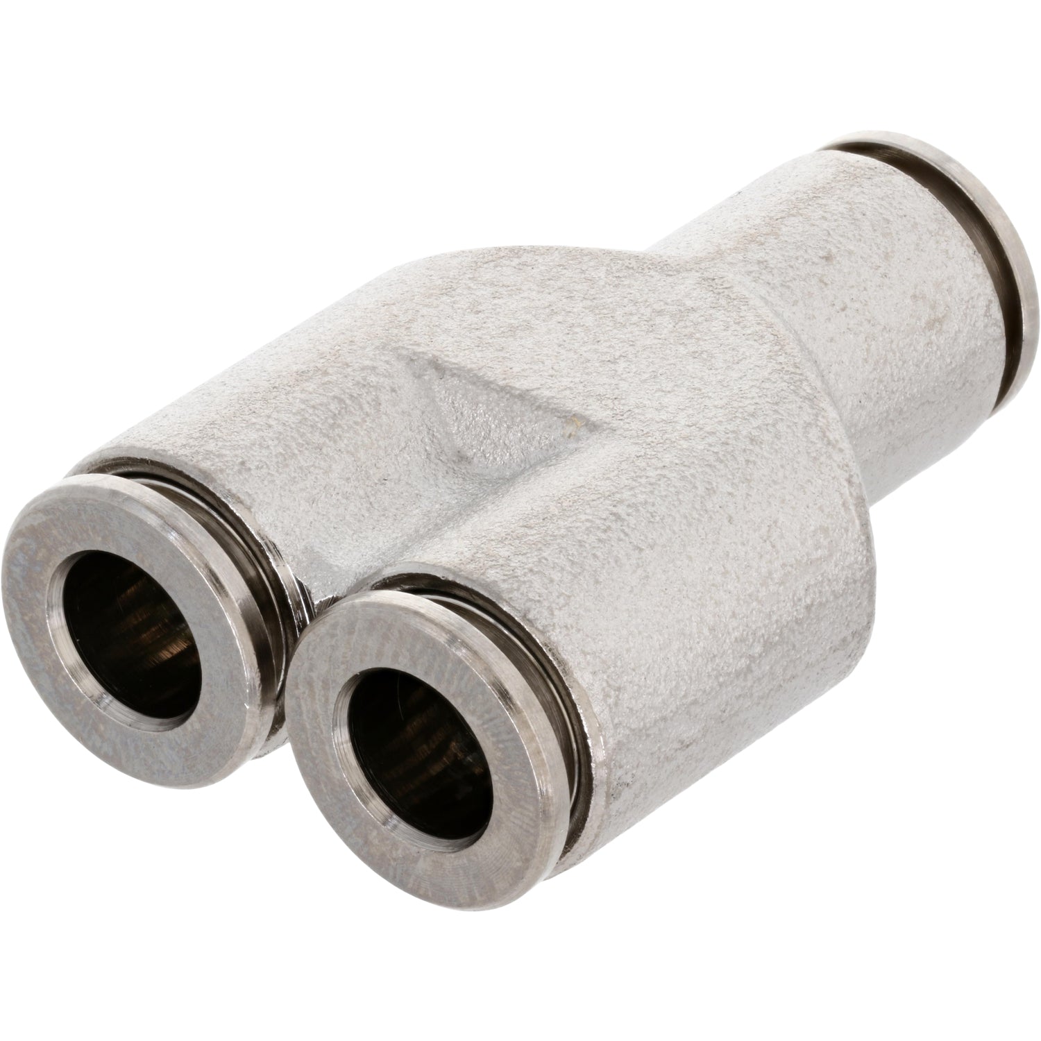 Nickel-plated brass push-in Y-connector on white background.