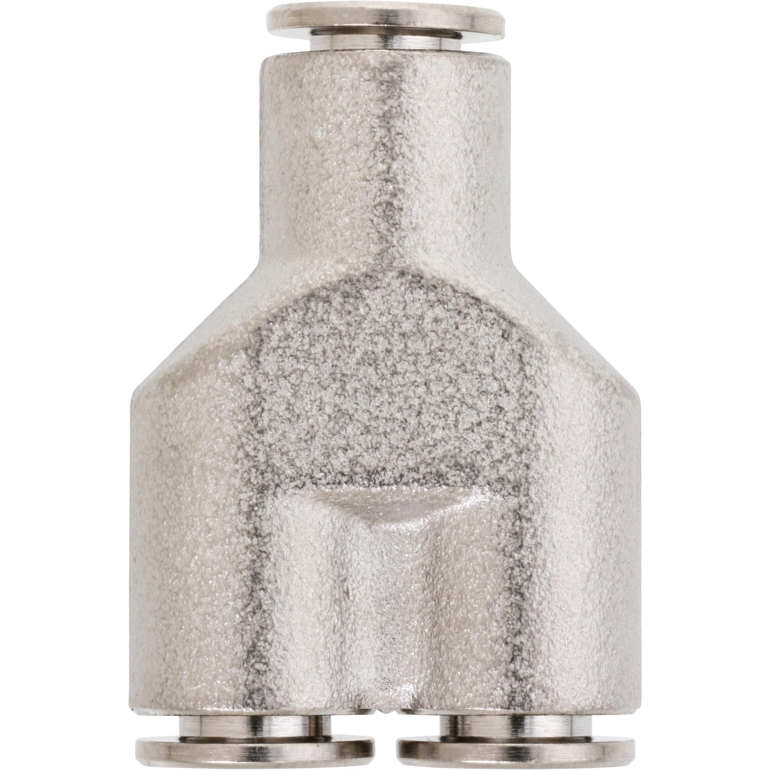 Nickel-plated brass push-in Y-connector on white background.