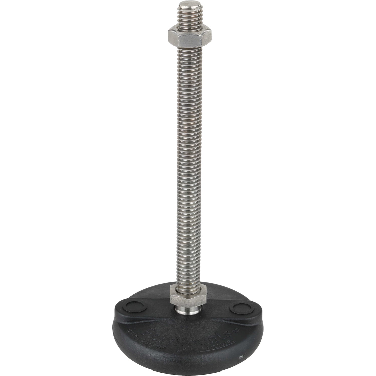 Threaded stainless steel post with stainless steel hex nut threaded on top, pressed into a circular black plastic base. Shown on a white background.