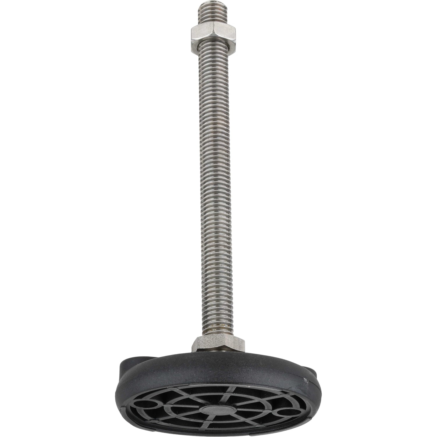 Threaded stainless steel post with stainless steel hex nut threaded on top, pressed into a circular black plastic base. Underside of plastic base is shown.  Shown on a white background.