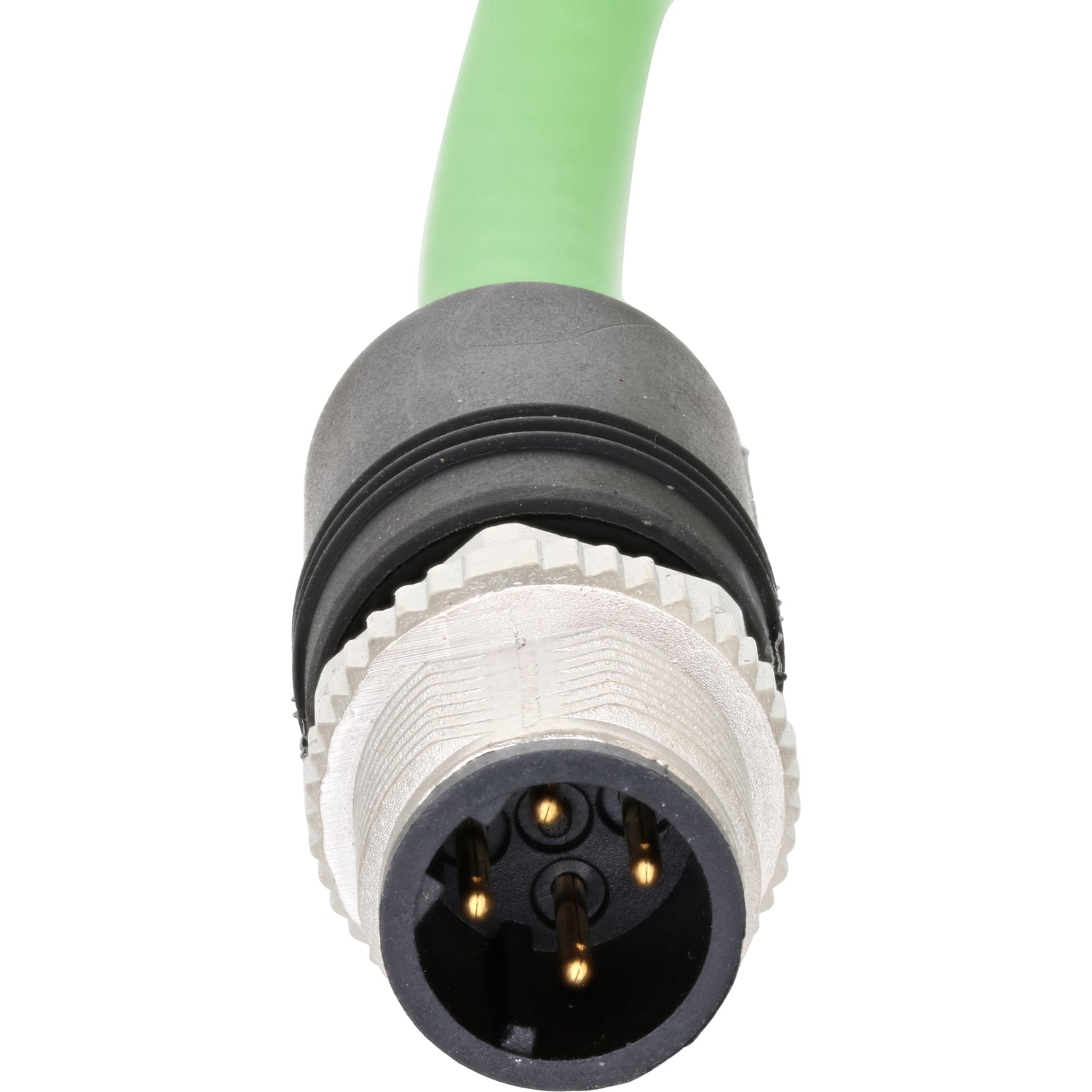 Green connecting cable with nickel-plated, four-pin male connector on white background.
