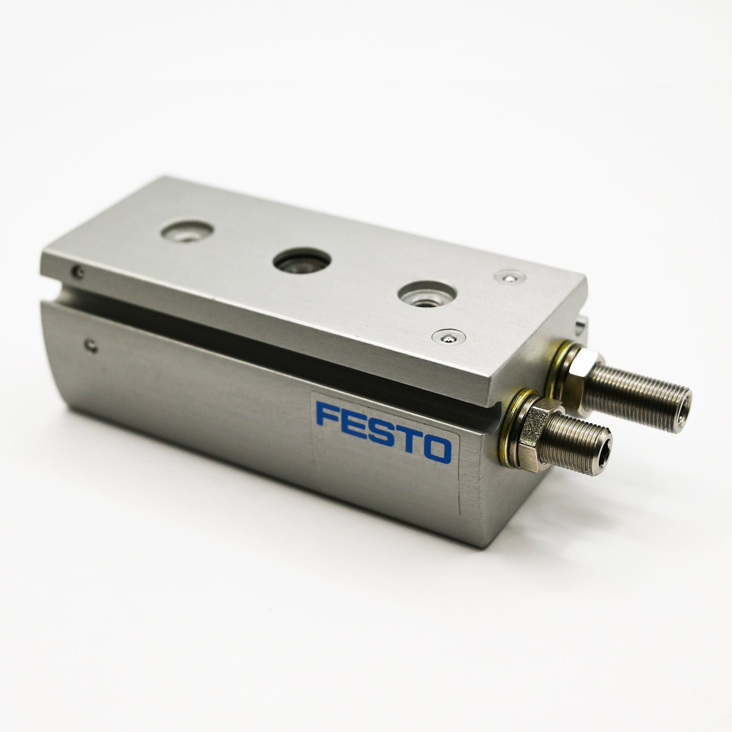 Grey aluminum rack and pinion pneumatic cylinder on white background.