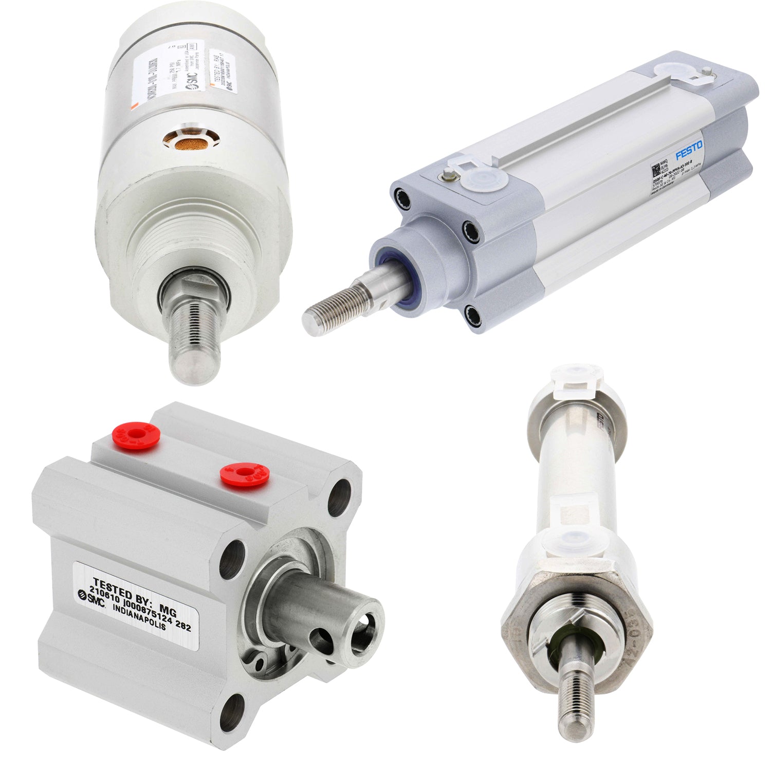 four differently shaped pneumatic cylinders on a white background.