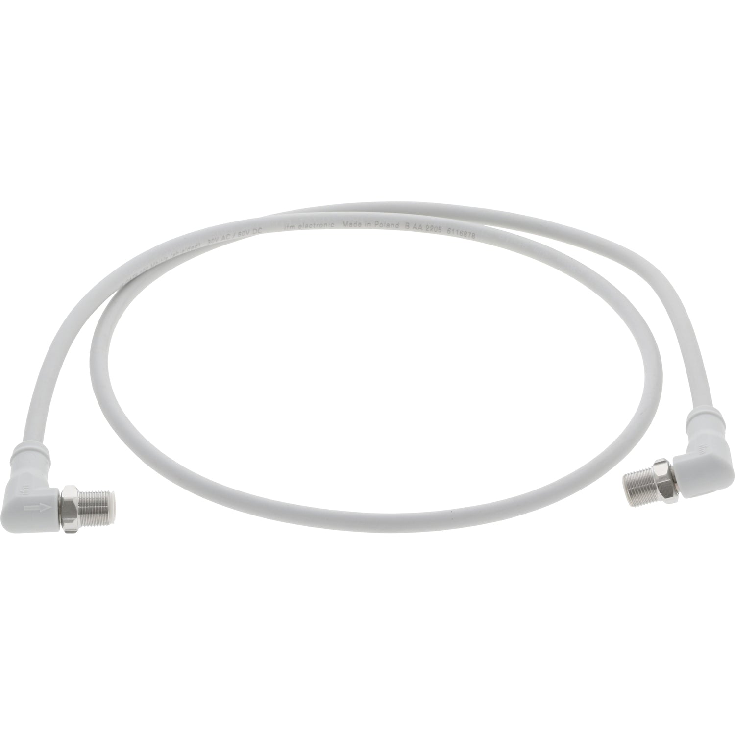 White coiled Ethernet connection cable with 90 degree molded ends on white background.