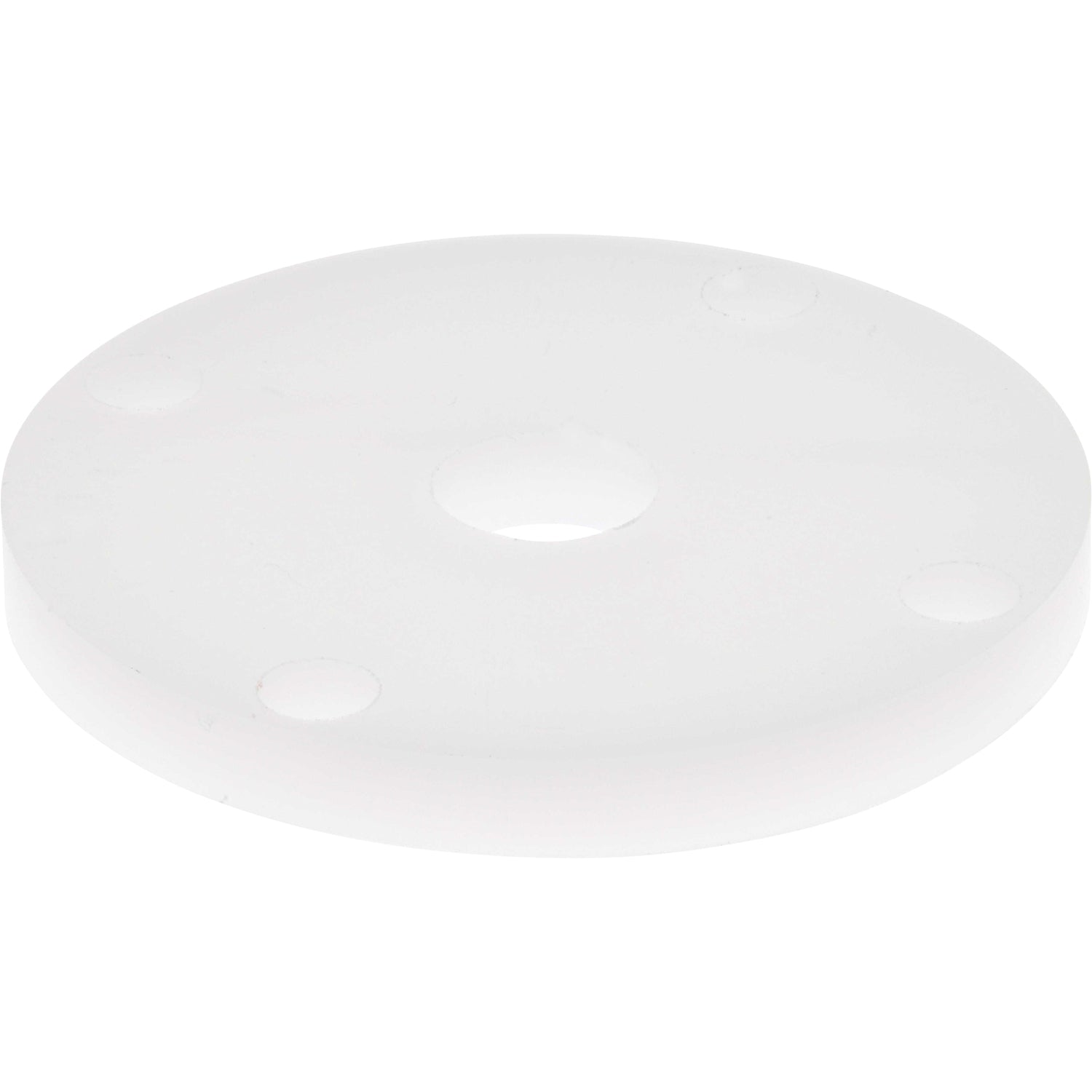 White plastic disk shaped part with four evenly spaced through holes on outer diameter and one larger through hole in the center of the part. Part shown on a white background.