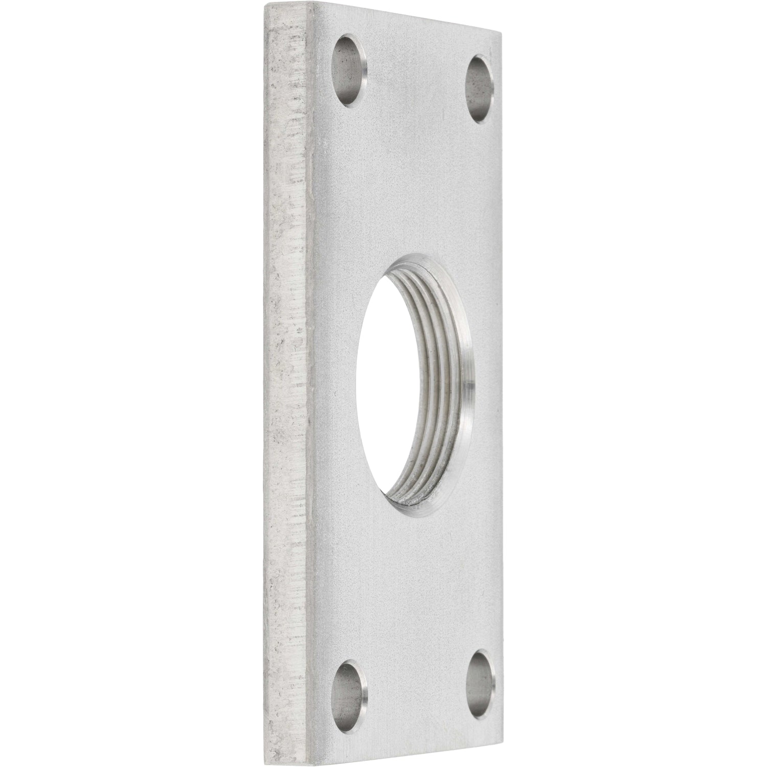 Rectangular stainless steel plate with large threaded center hole and four smaller through holes on each corner. Part shown on white background.