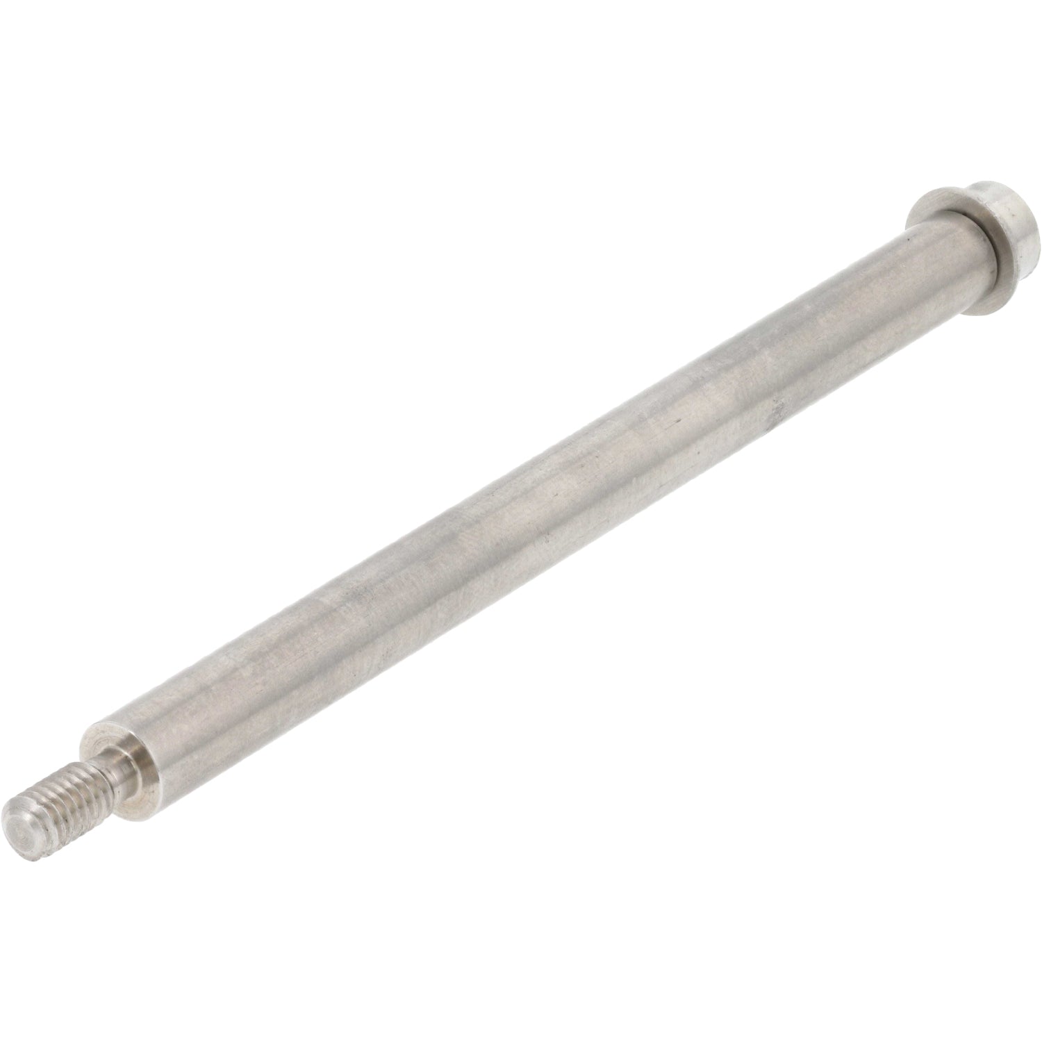 Stainless steel rod with threads on one end and an inserted socket head cap screw atop a flat washer on the other. Part shown on white background.