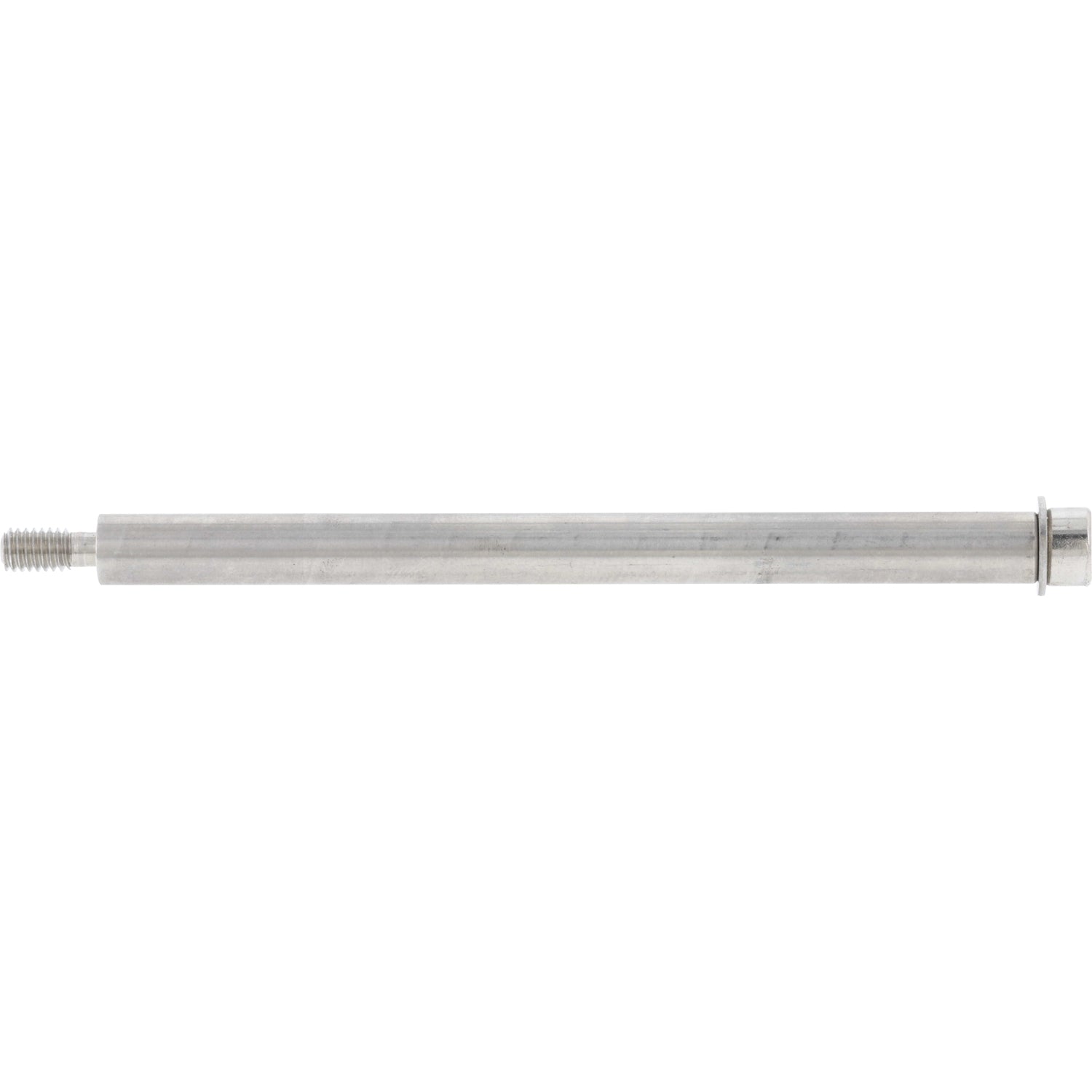 Stainless steel rod with threads on one end and an inserted socket head cap screw atop a flat washer on the other. Part shown on white background.