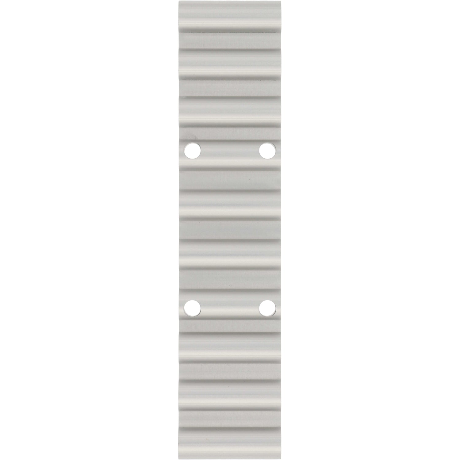 Ridged rectangular aluminum part with four through holes on white background.