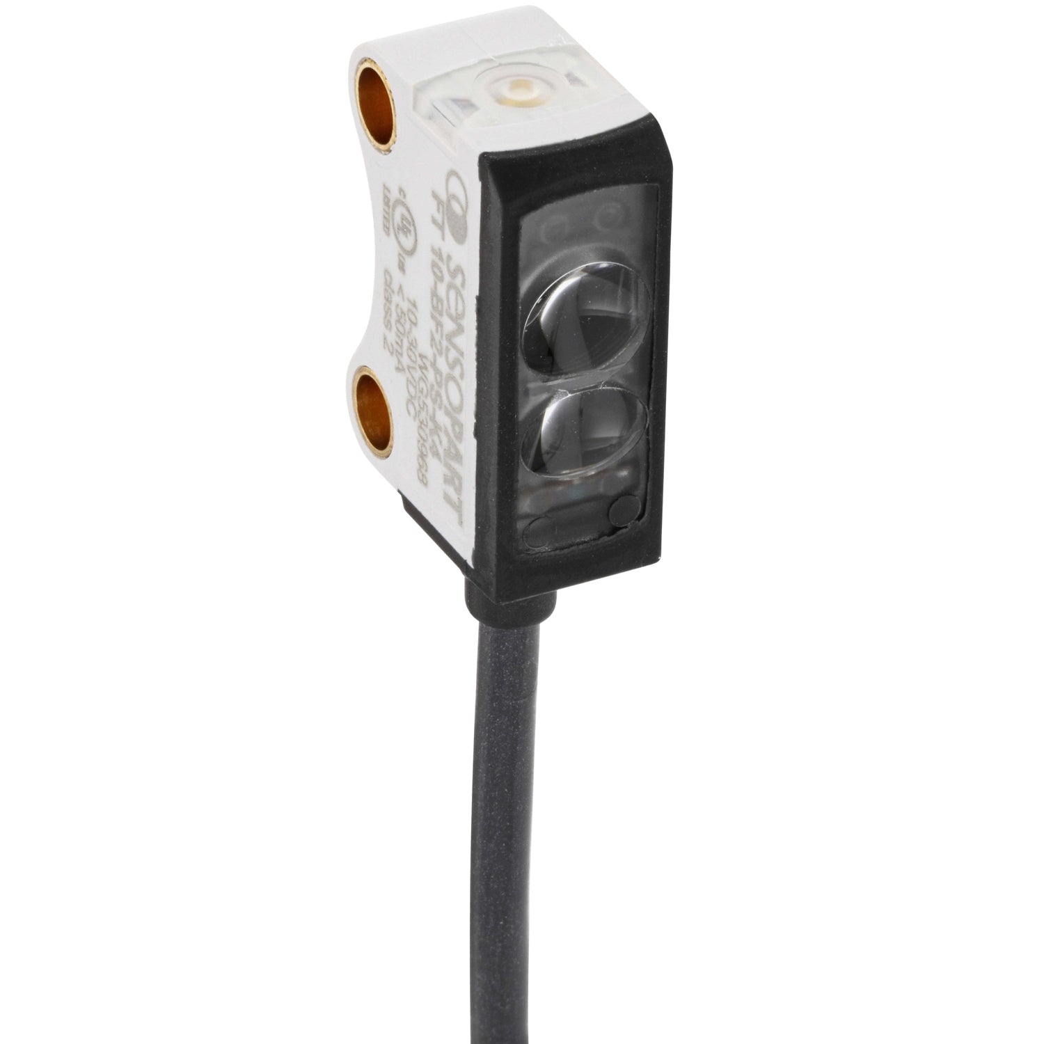 White and black photo sensor with black cable on white background.