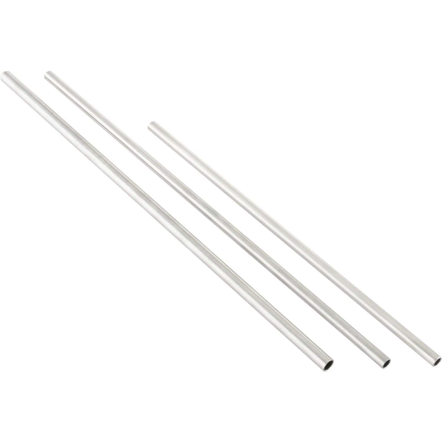 An assortment of three differently sized stainless steel tubes on white background.