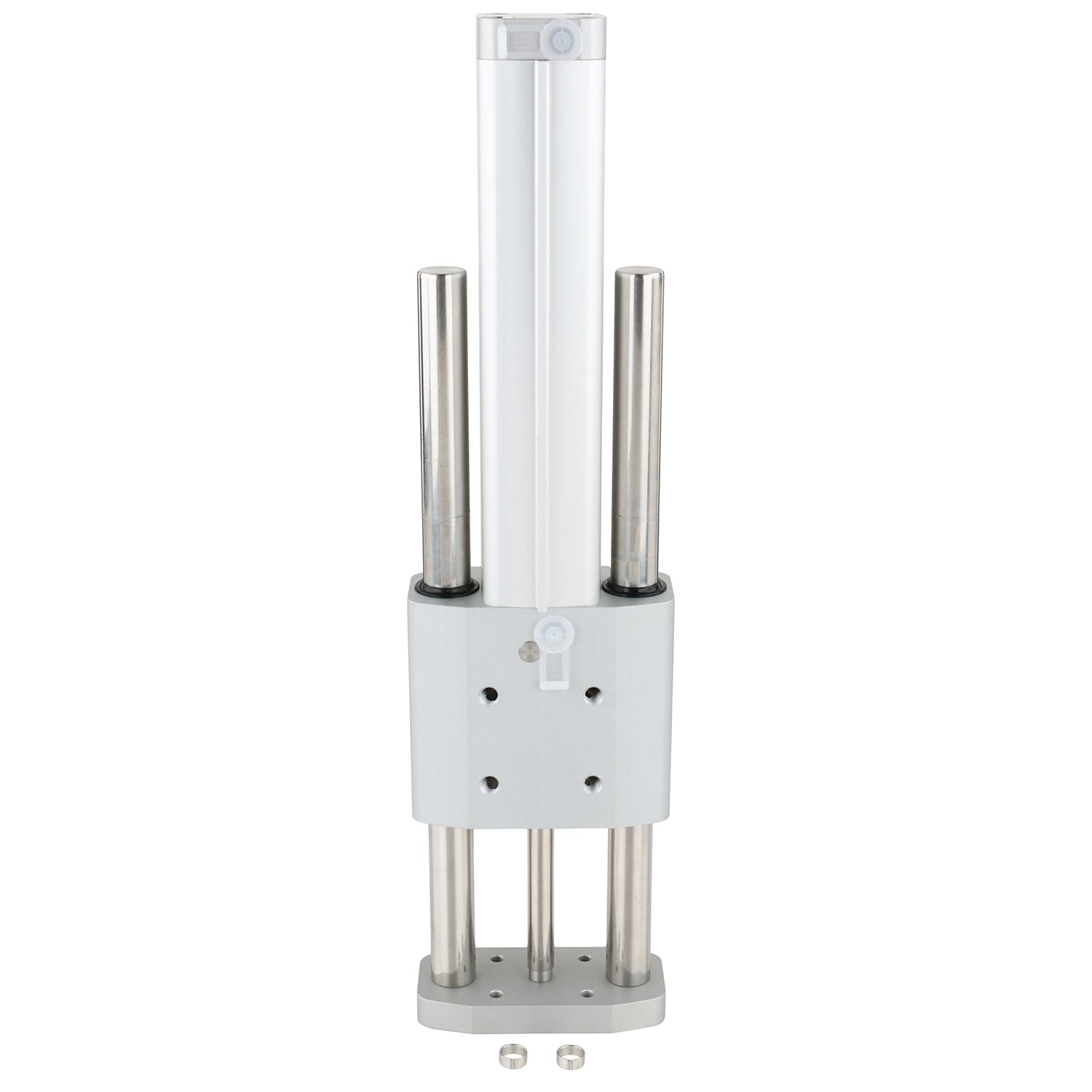 Pneumatic cyliner with two guided rods and a center cylinder rod. shown on white background.