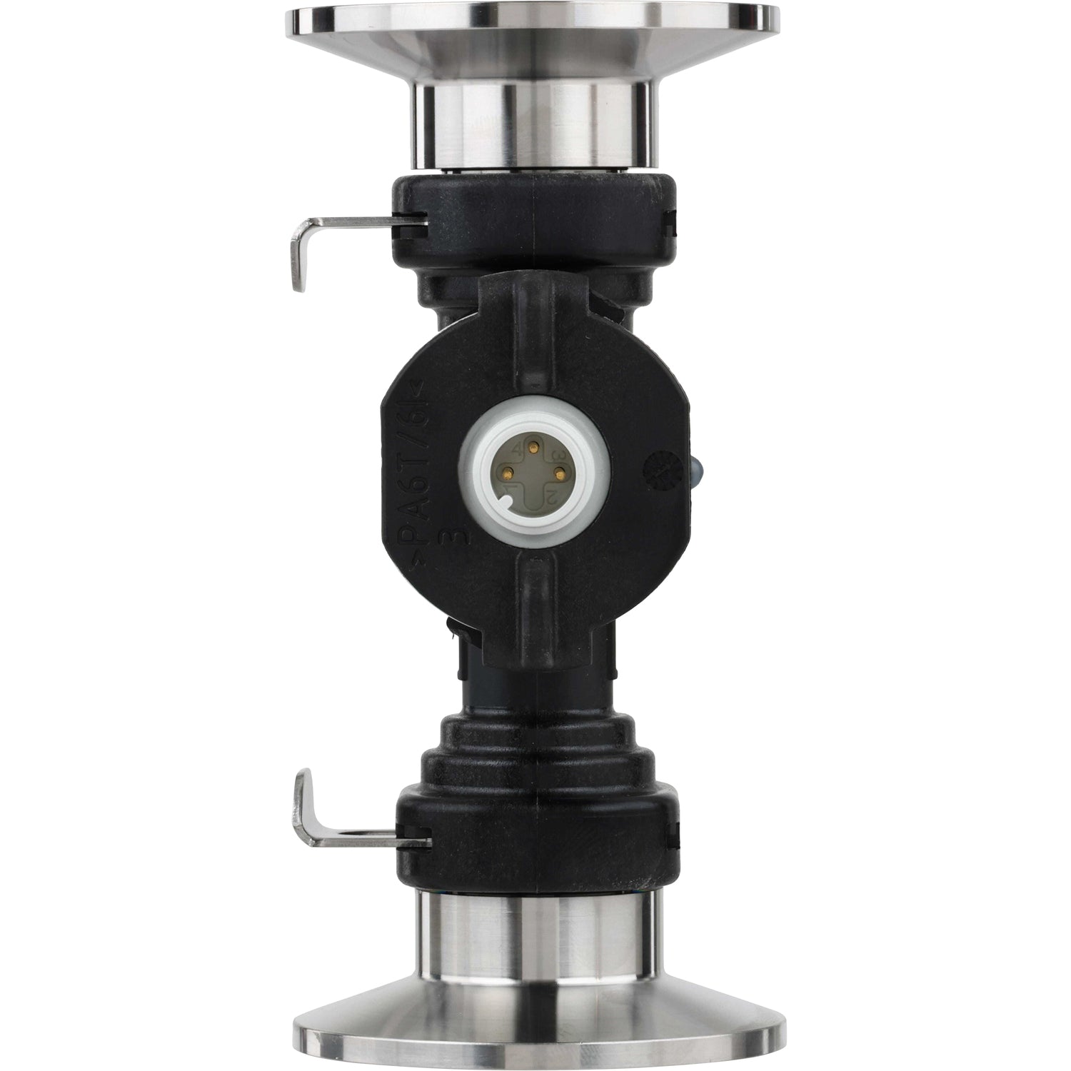 Black and white flow sensor with three electrical pin connections in the center of the part and stainless steel tri clamp adapters on each end. This part is shown on a white background.