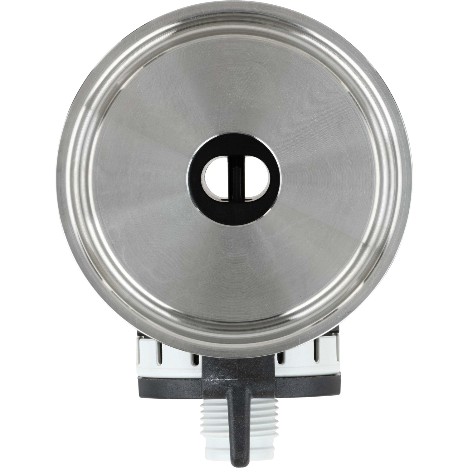 Stainless steel tri-clamp adapter with side of black and white flow meter showing on one side. Part shown on white background.