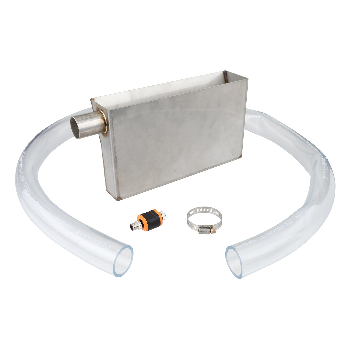 Rectangular stainless steel weldment with a black and orange temperature dongle, hose clamp and a section of clear flexible tubing near by. Parts are shown on a white background.