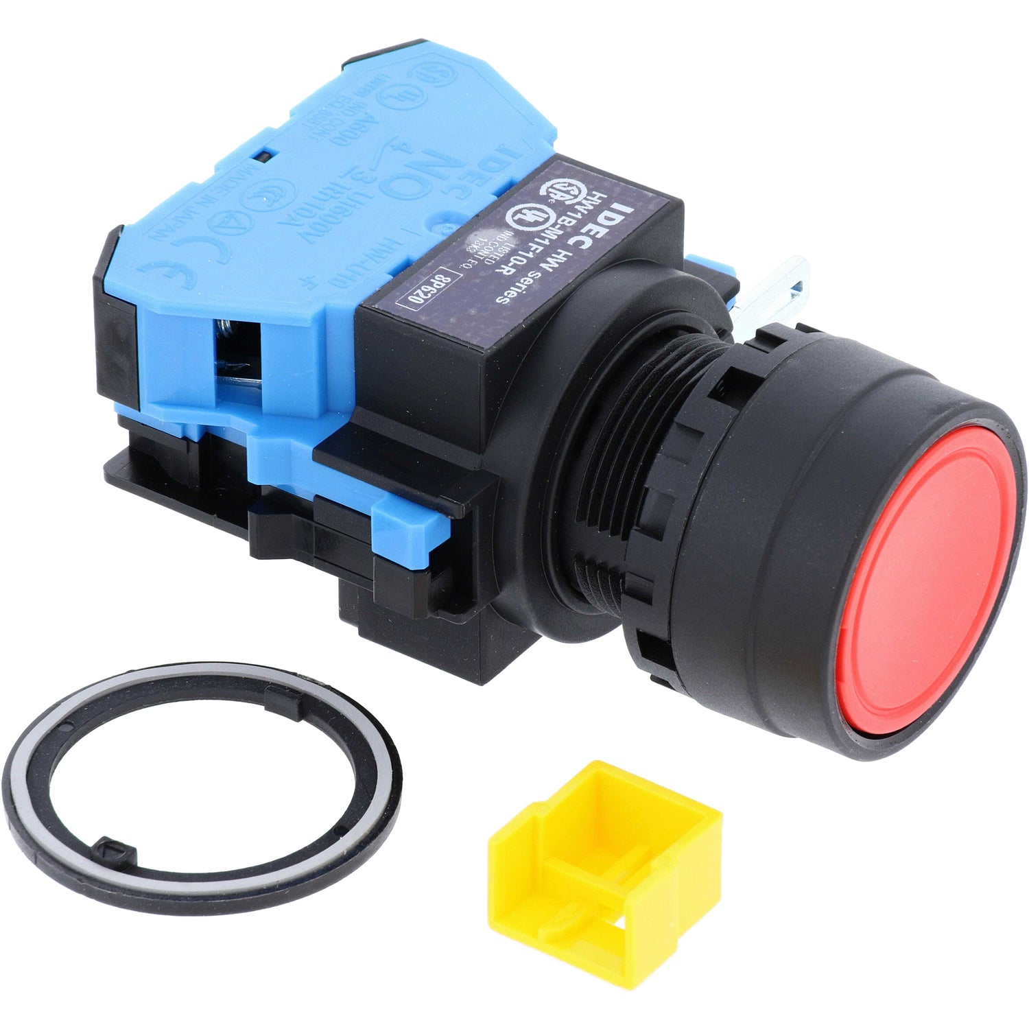 20mm red pushbutton on black and blue housing. Black and white retaining ring and a small, yellow, cube shaped connector cap are shown to the side of the push button. These parts are shown on a white background.