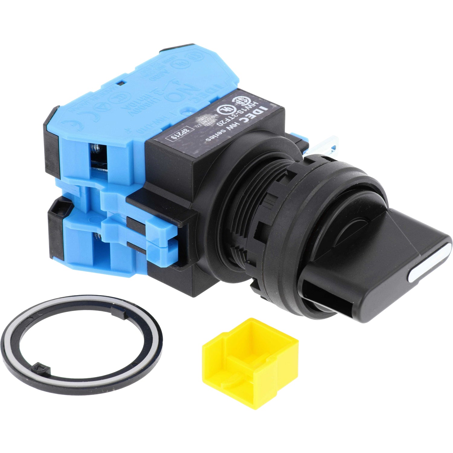 Blue and black 3 position selector switch on white background.