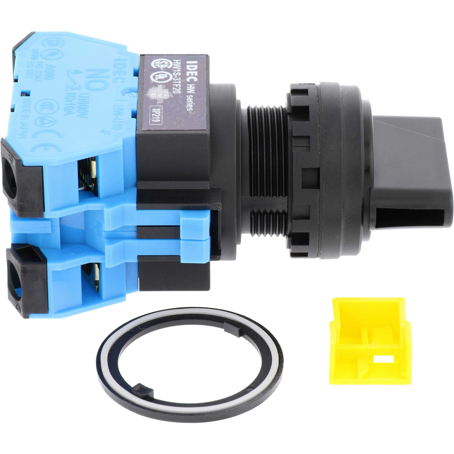Blue and black 3 position selector switch on white background.