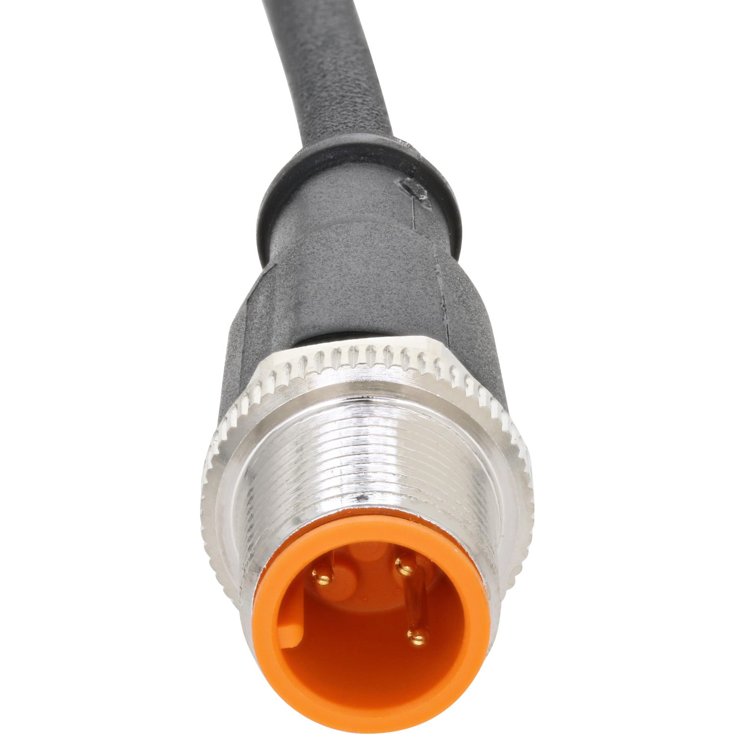 Black sensor cable with a 3 pin male connector on white background.