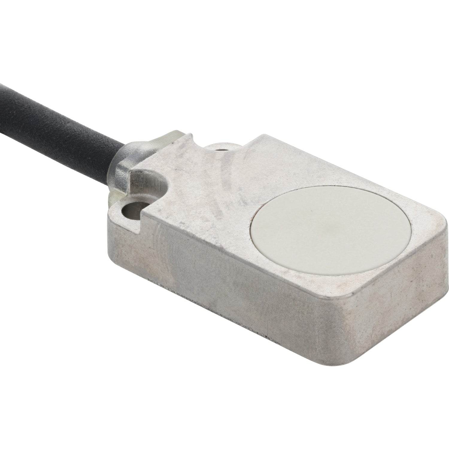 Black sensor cable with rectangular inductive sensor on white background.