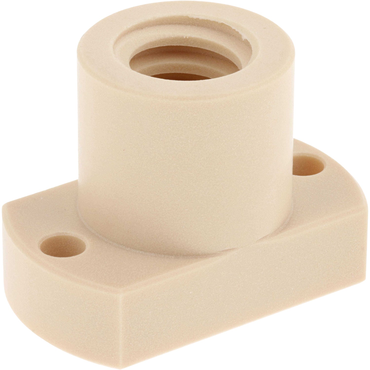 Off white DryLin® flange lead screw nut with flat, trapezoidal thread on white background.