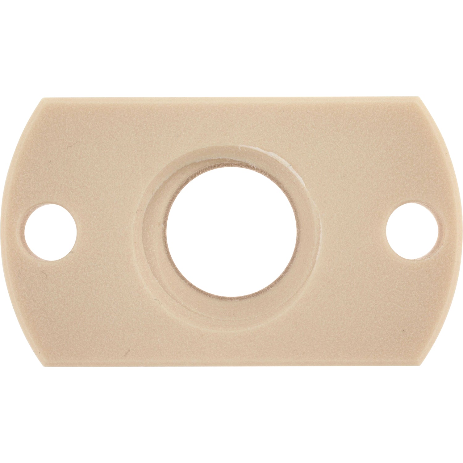 Off white DryLin® flange lead screw nut with flat, trapezoidal thread on white background.