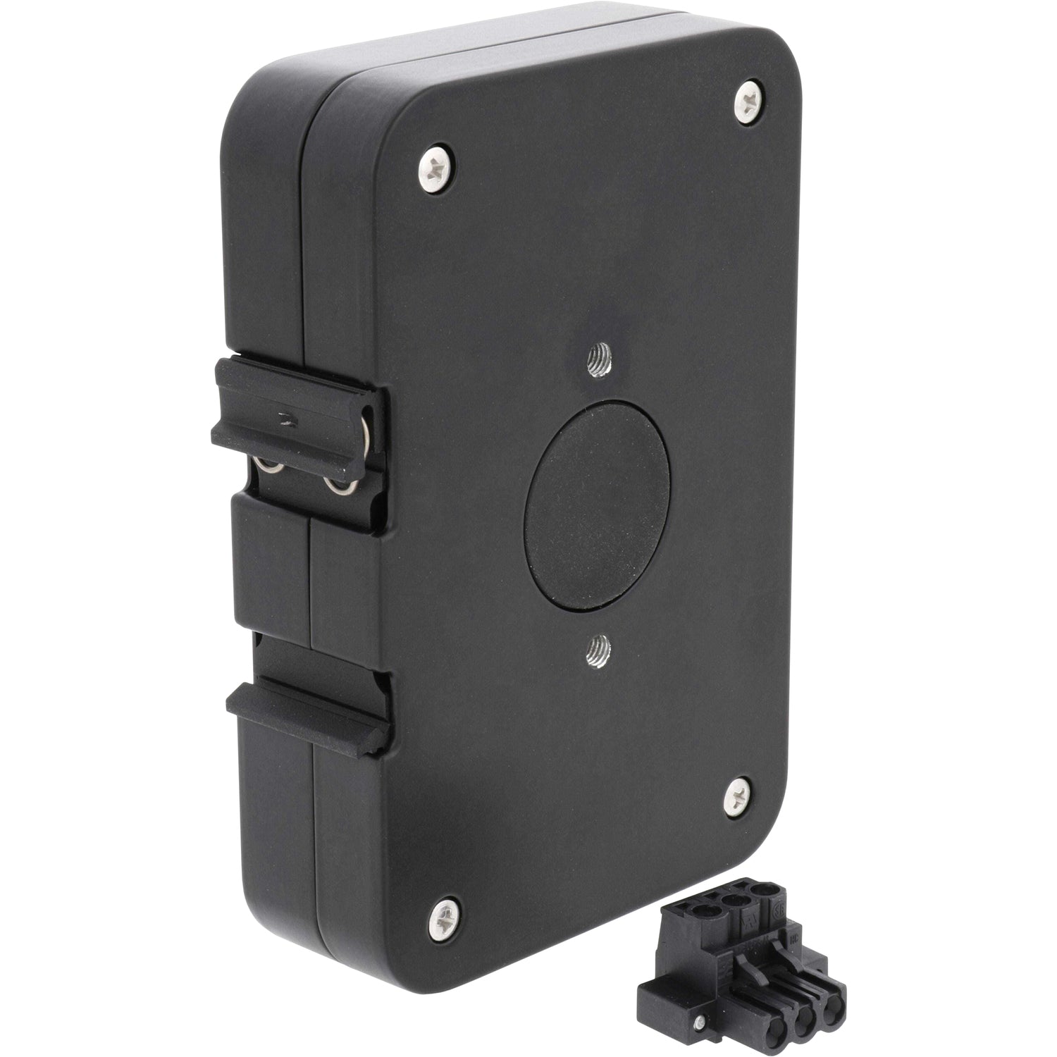 Black JSmart PoE Injector with plug on white background.