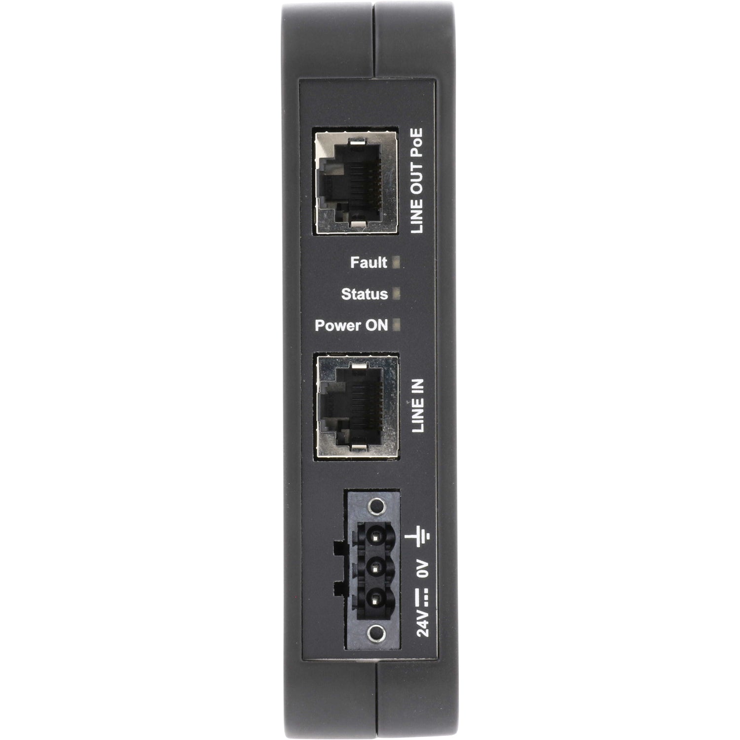 Black JSmart PoE Injector with plug on white background.