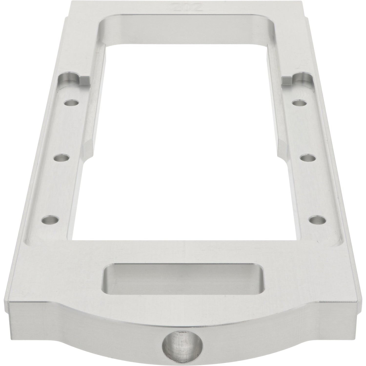 Gray aluminum rectangular part with center cut out and multiple through holes. on a white background.