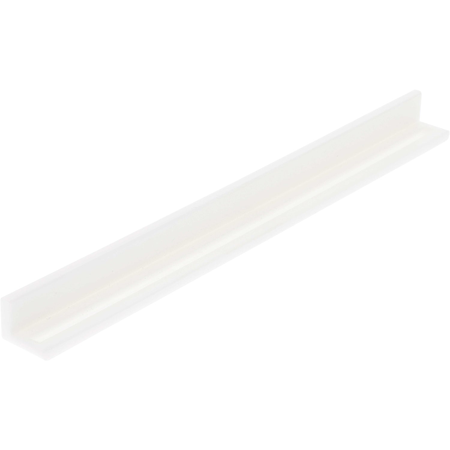 White plastic 90 degree rail with a groove machined into one of the inner surfaces of the part. Part is shown on white background.