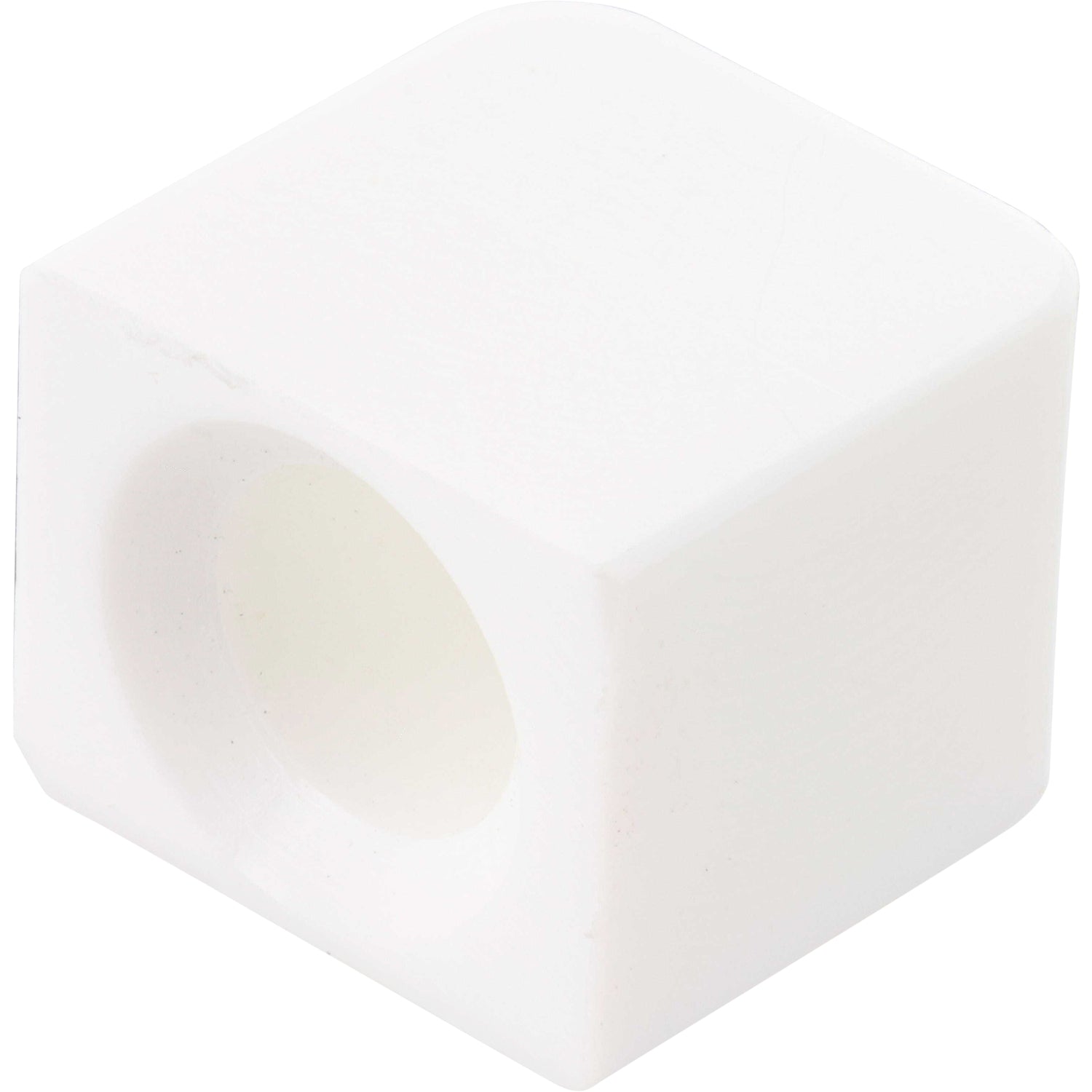 White plastic cube shaped part with center hole shown on white background.