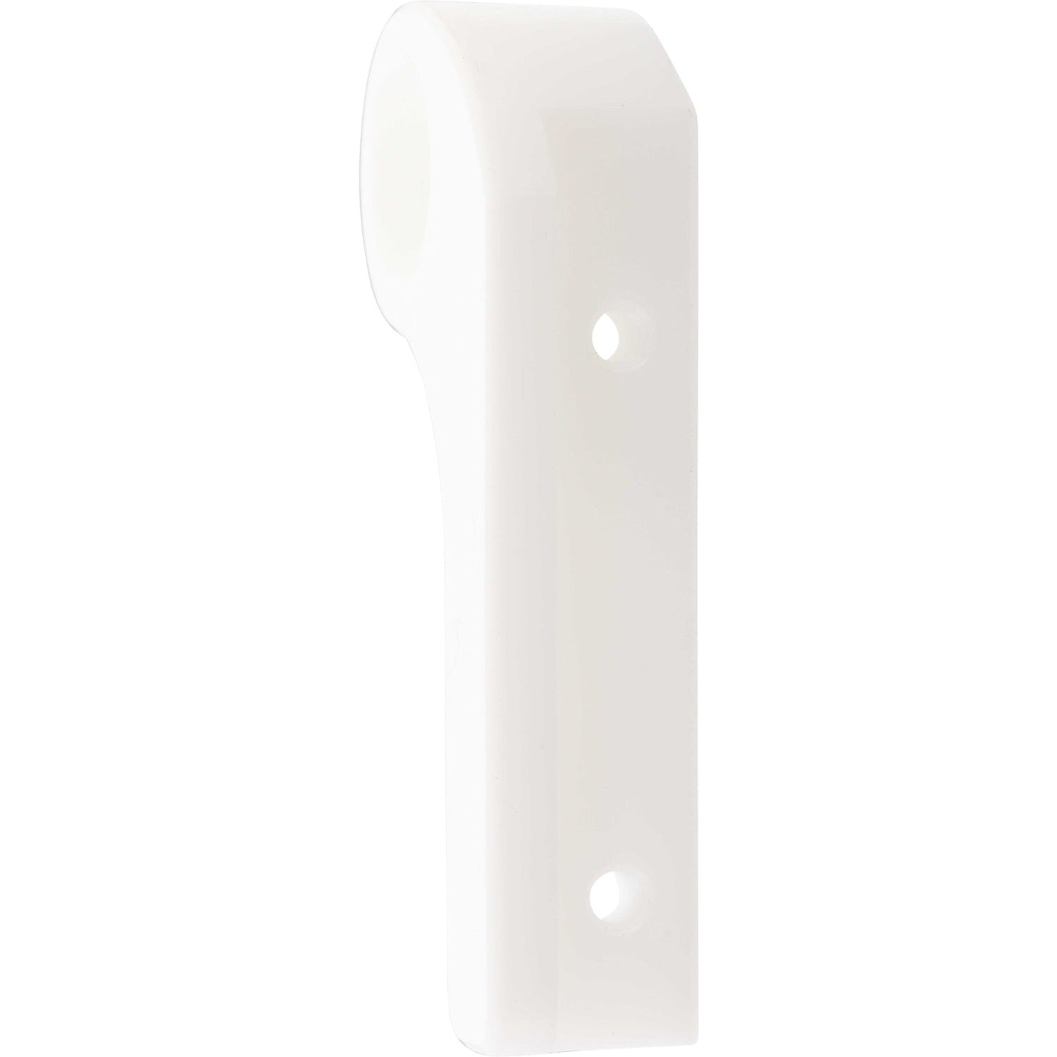 White plastic machined part with two threaded holes shown on white background.