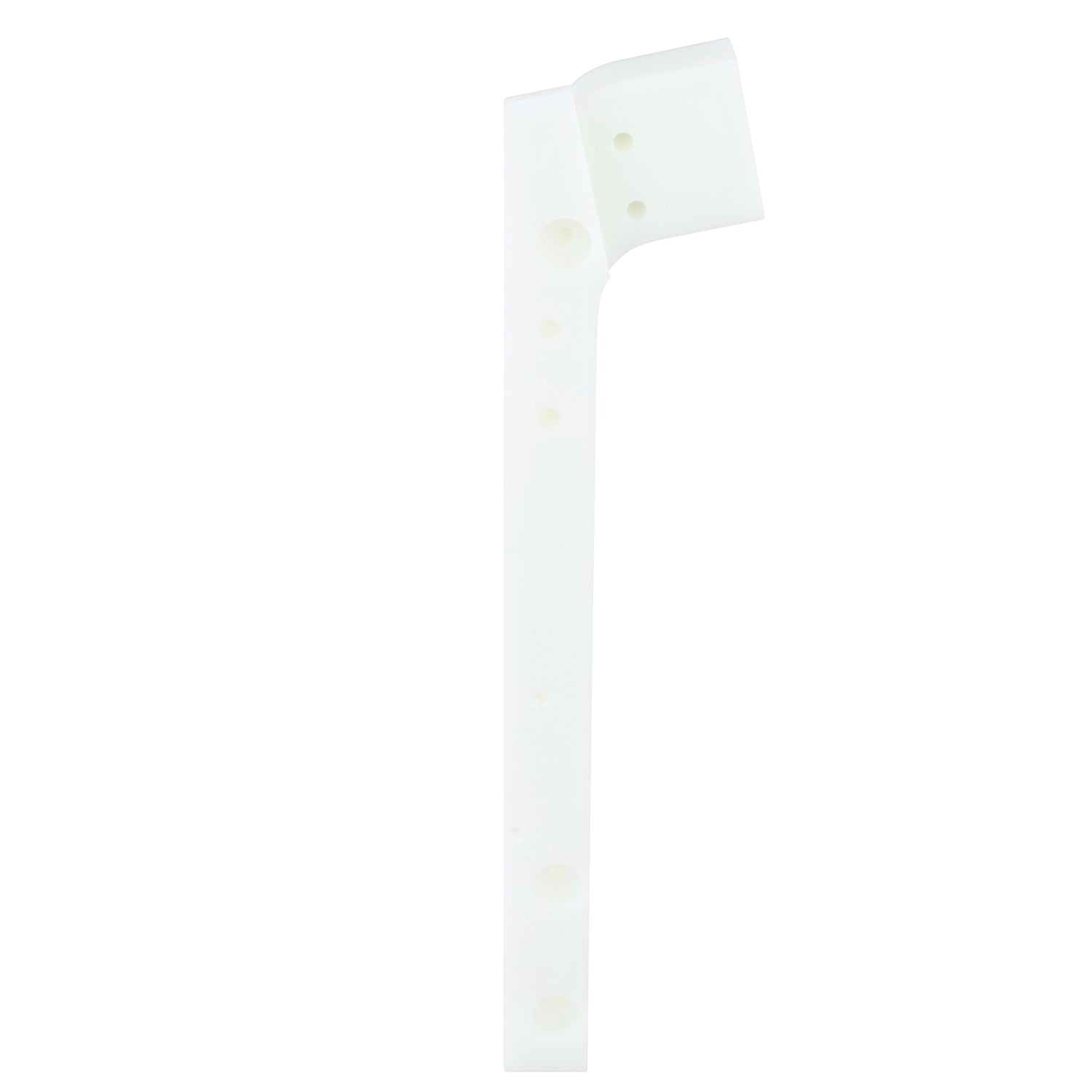 Machined HDPE lid chute part with multiple holes shown on white background.